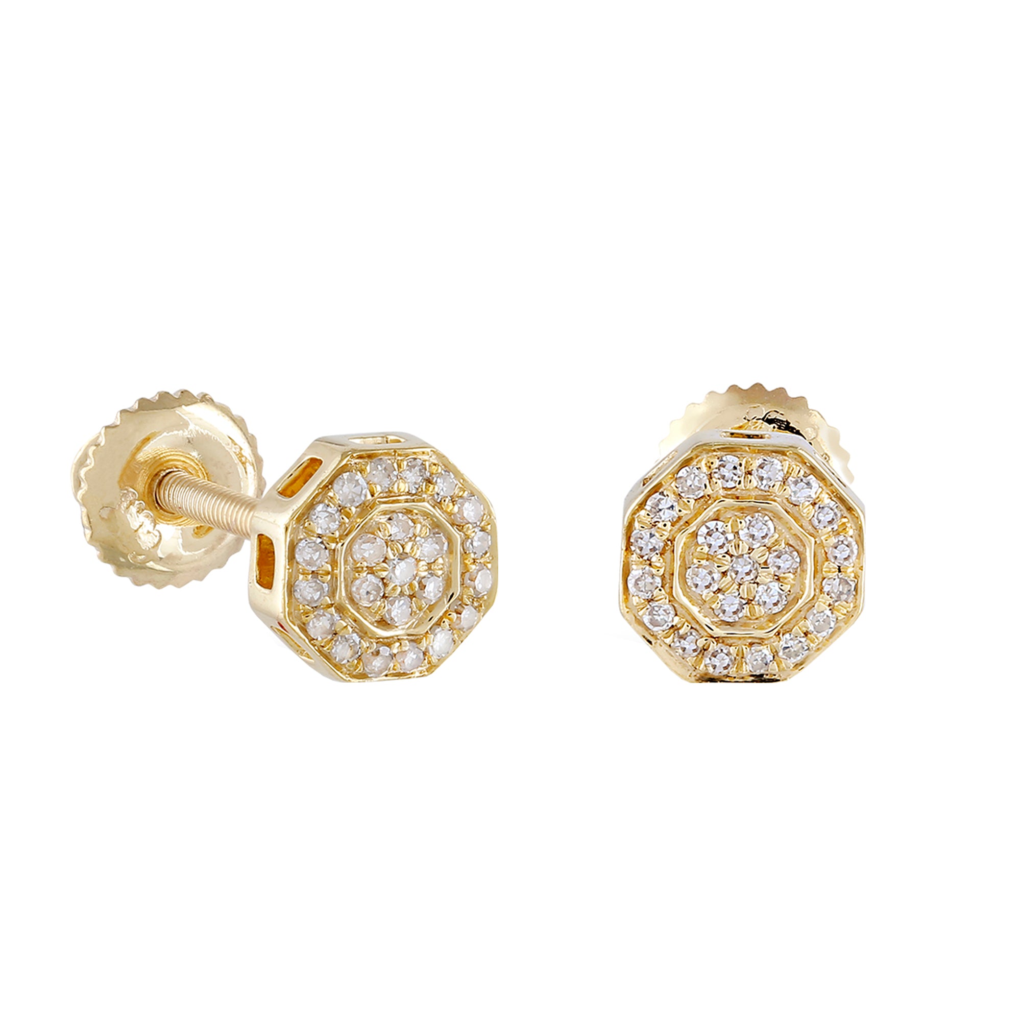 0.09Ct Round Diamond Yellow Gold Octagon Stud Earrings FV Jewelry