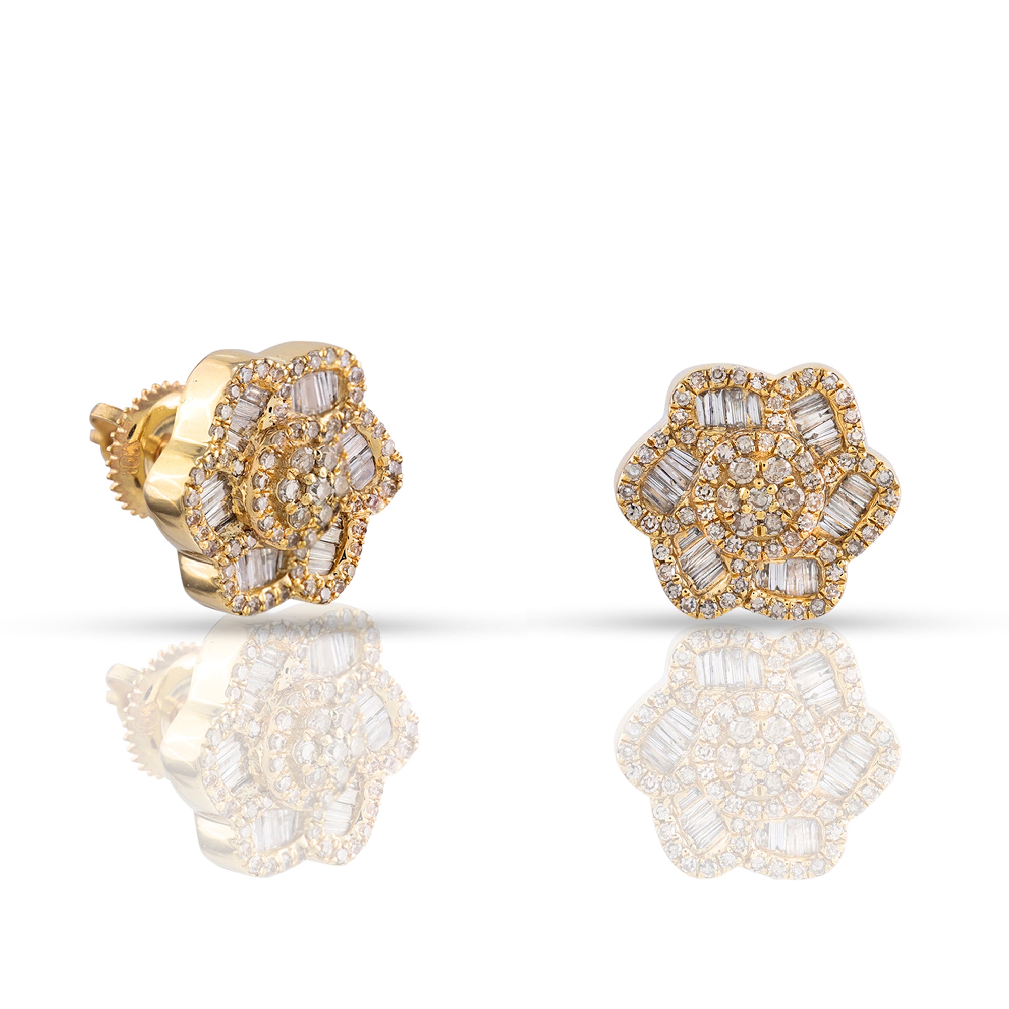 0.74Ct Baguette and Round Diamond Gold Flower Stud Earring