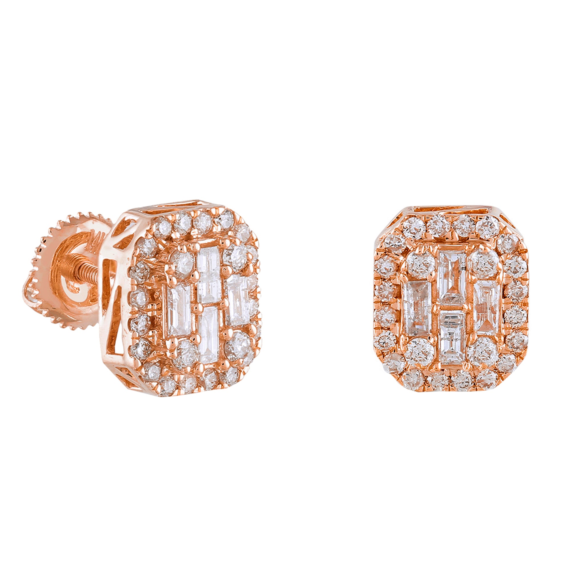 0.75Ct Baguette Round Diamond Octagon Rose Gold Stud Earrings
