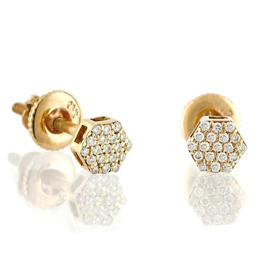 0.08 Round Diamond Yellow Gold Hexagon Stud Earrings