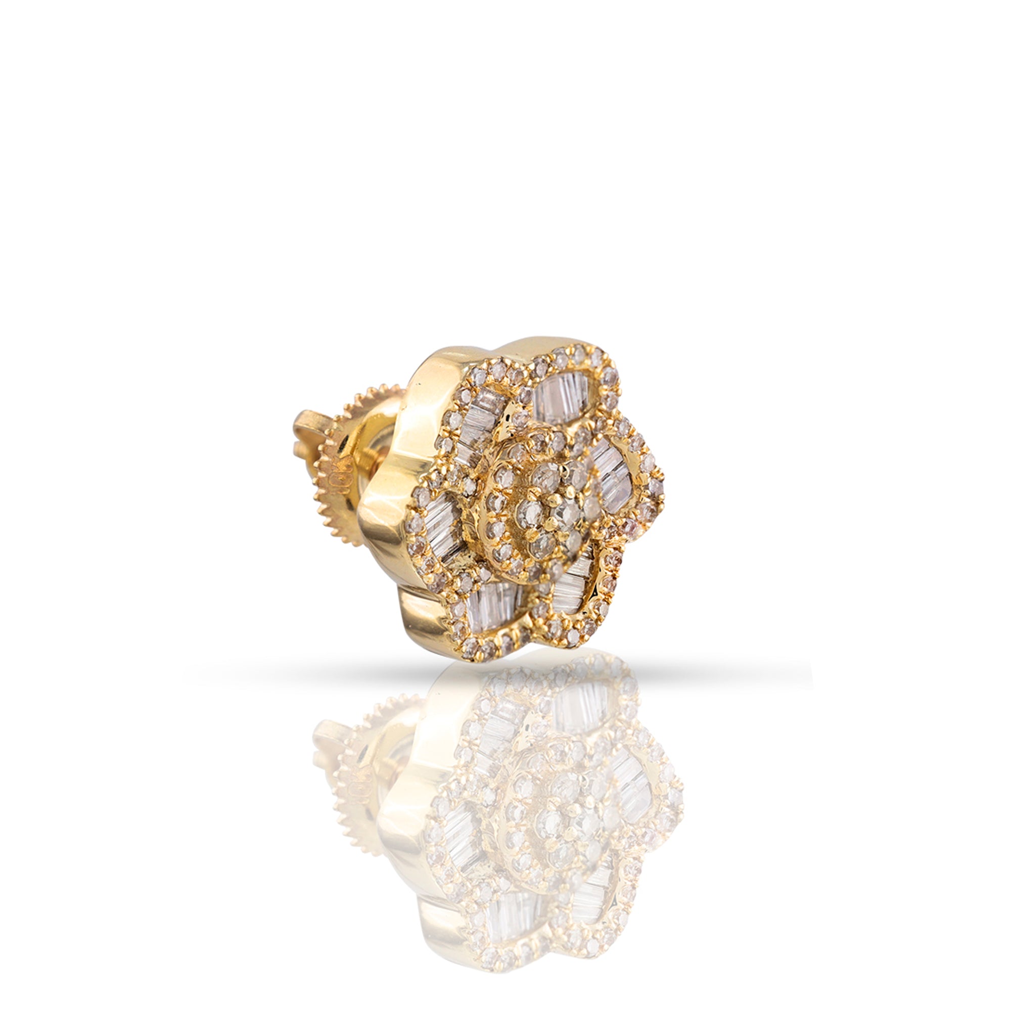 0.74Ct Baguette and Round Diamond Gold Flower Stud Earring