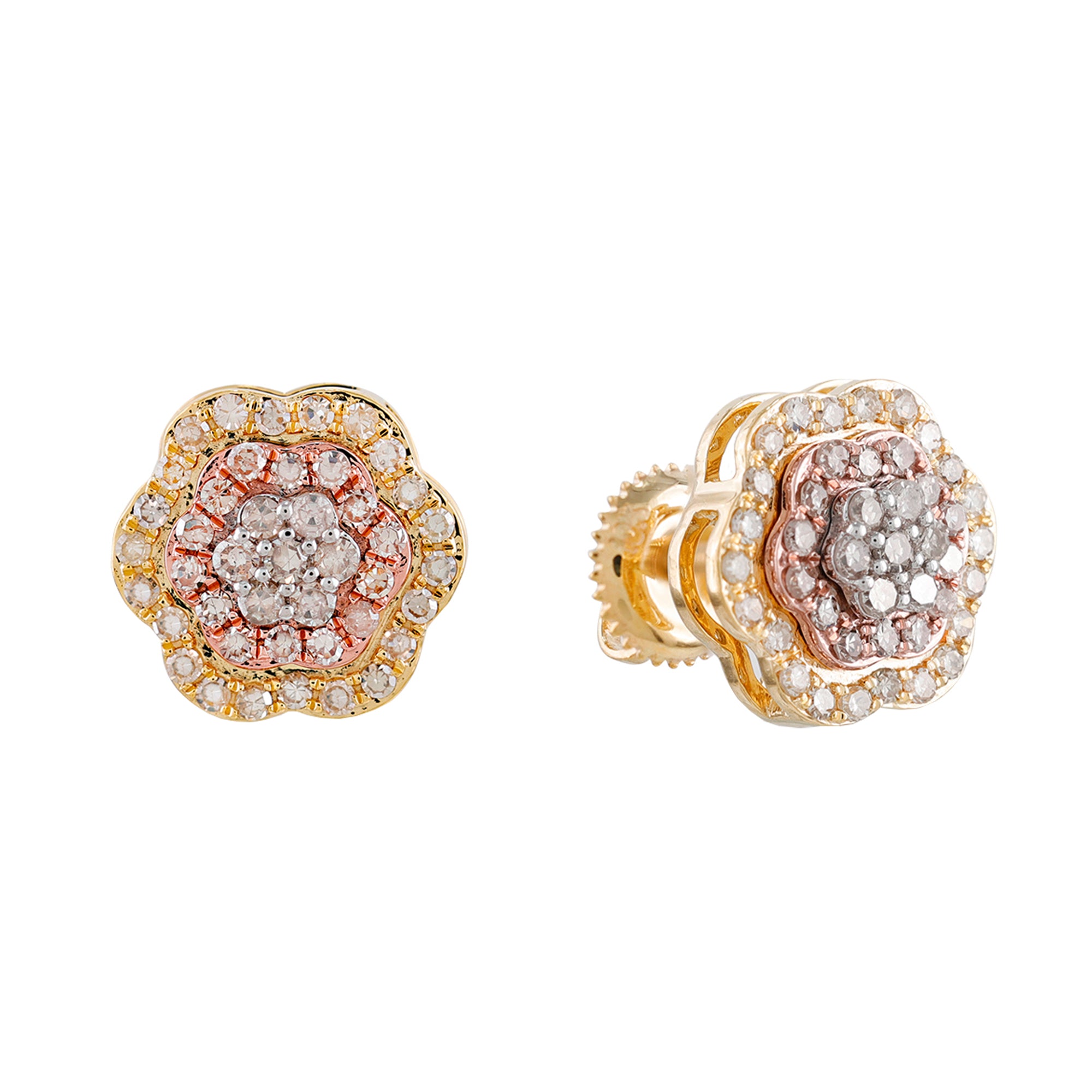 Three Tone Round Diamond Flower Stud Earrings