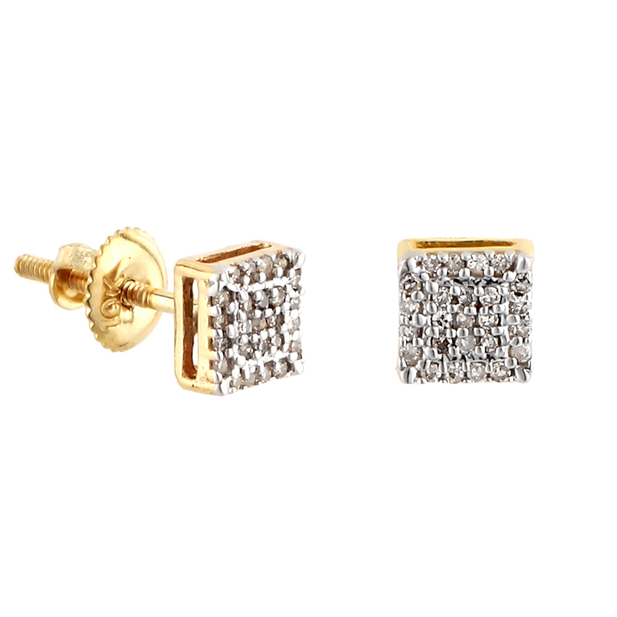 0.11Ct Round Diamond Yellow Gold Square Stud Earrings