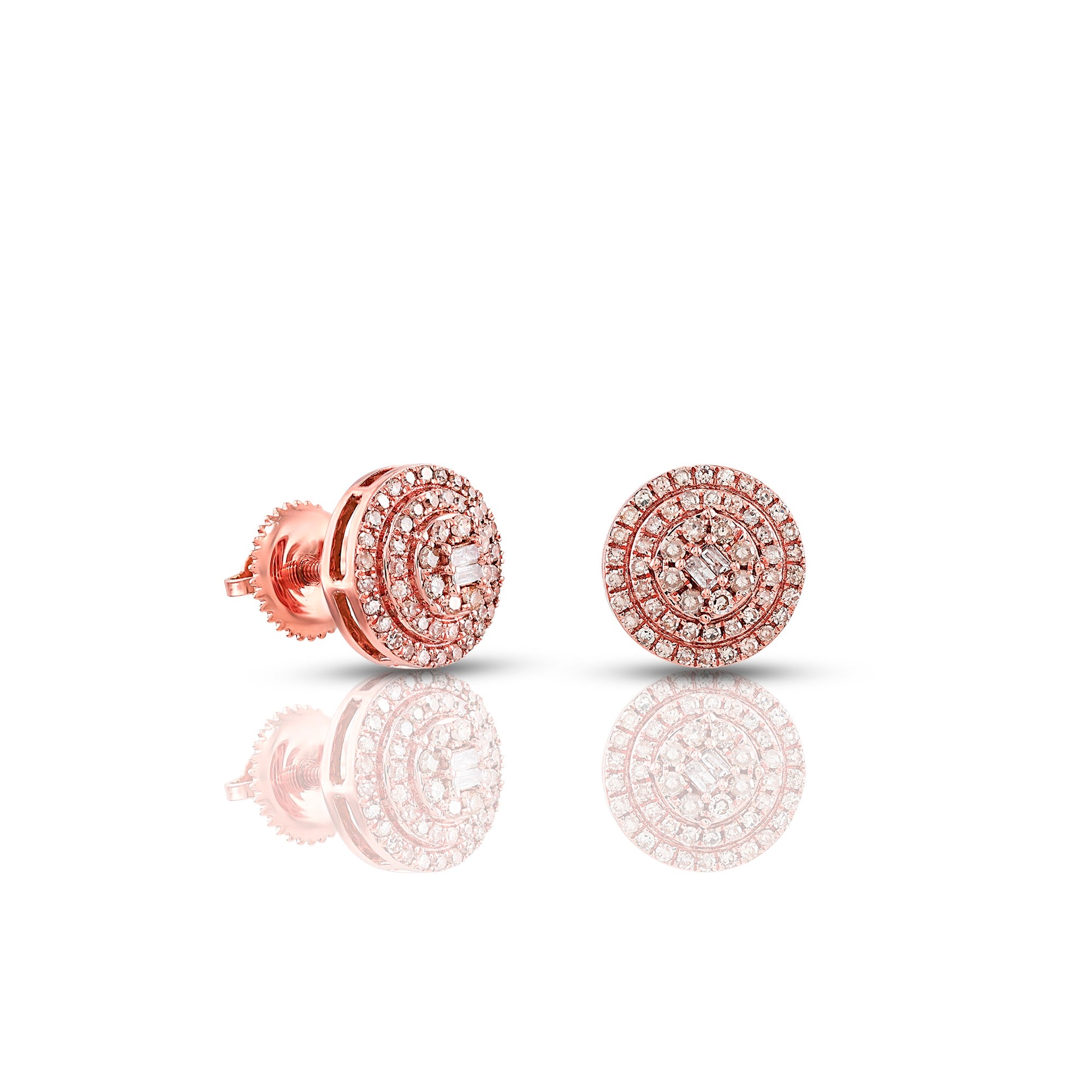 Rose Gold Round and Baguette Diamond Round Stud Earrings
