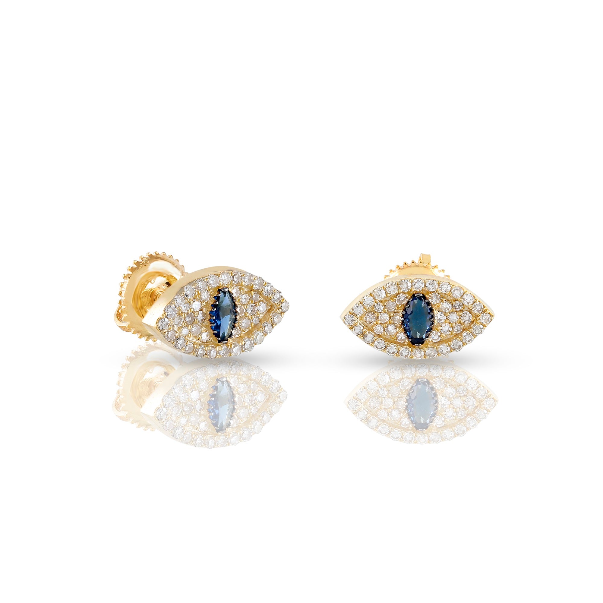 Yellow Gold Round Diamond Cluster Evil Eye Stud Earrings