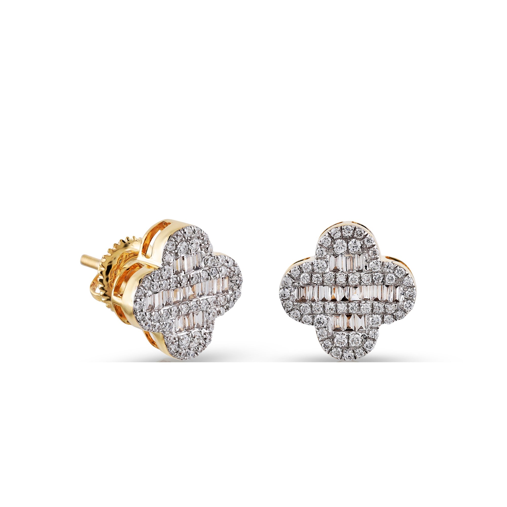 Yellow Gold Round and Baguette Diamond Flower Stud Earrings