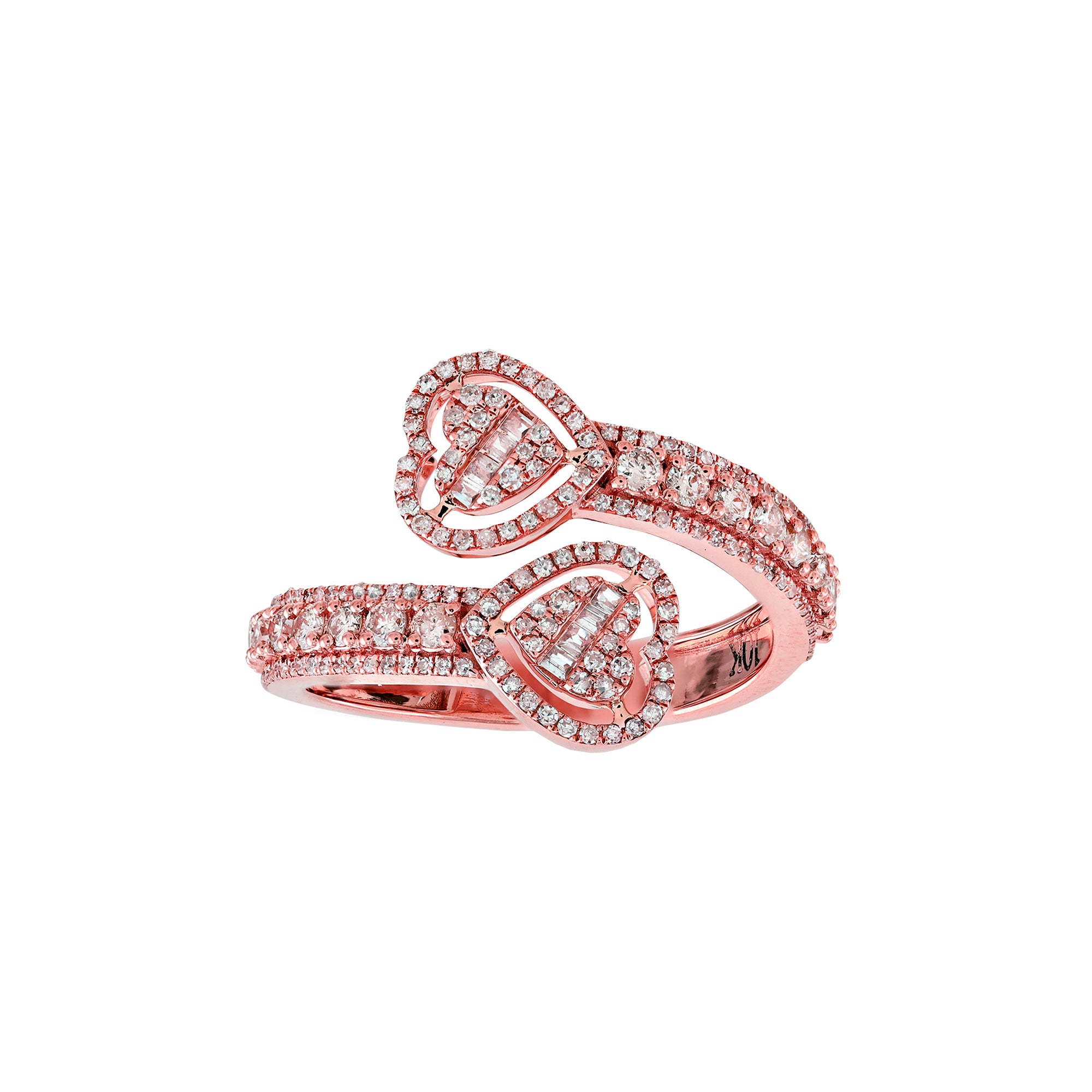 Rose Gold Baguette and Round Diamond Heart Cuff Ring