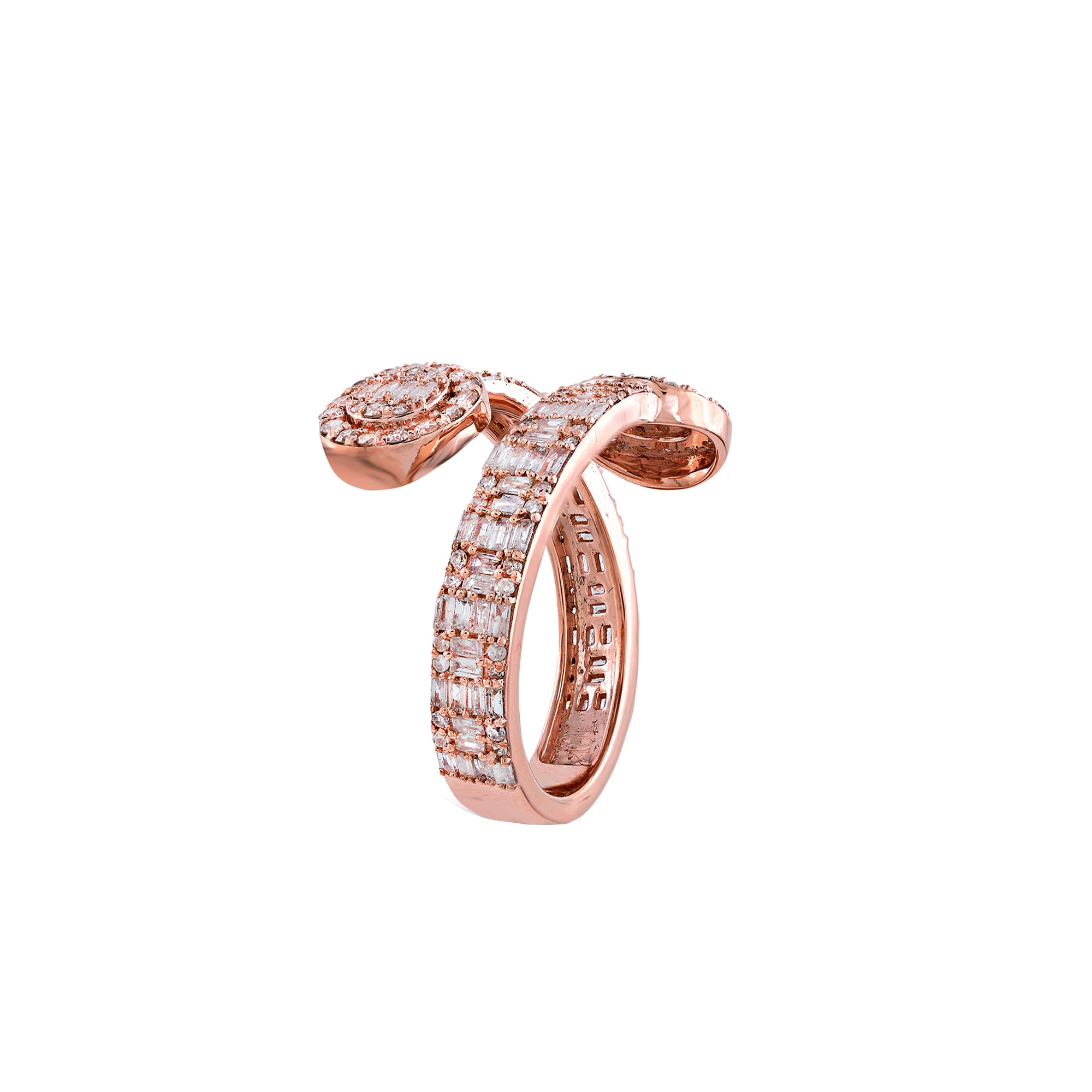 Rose Gold Round And Baguette Diamond Cuff Ring