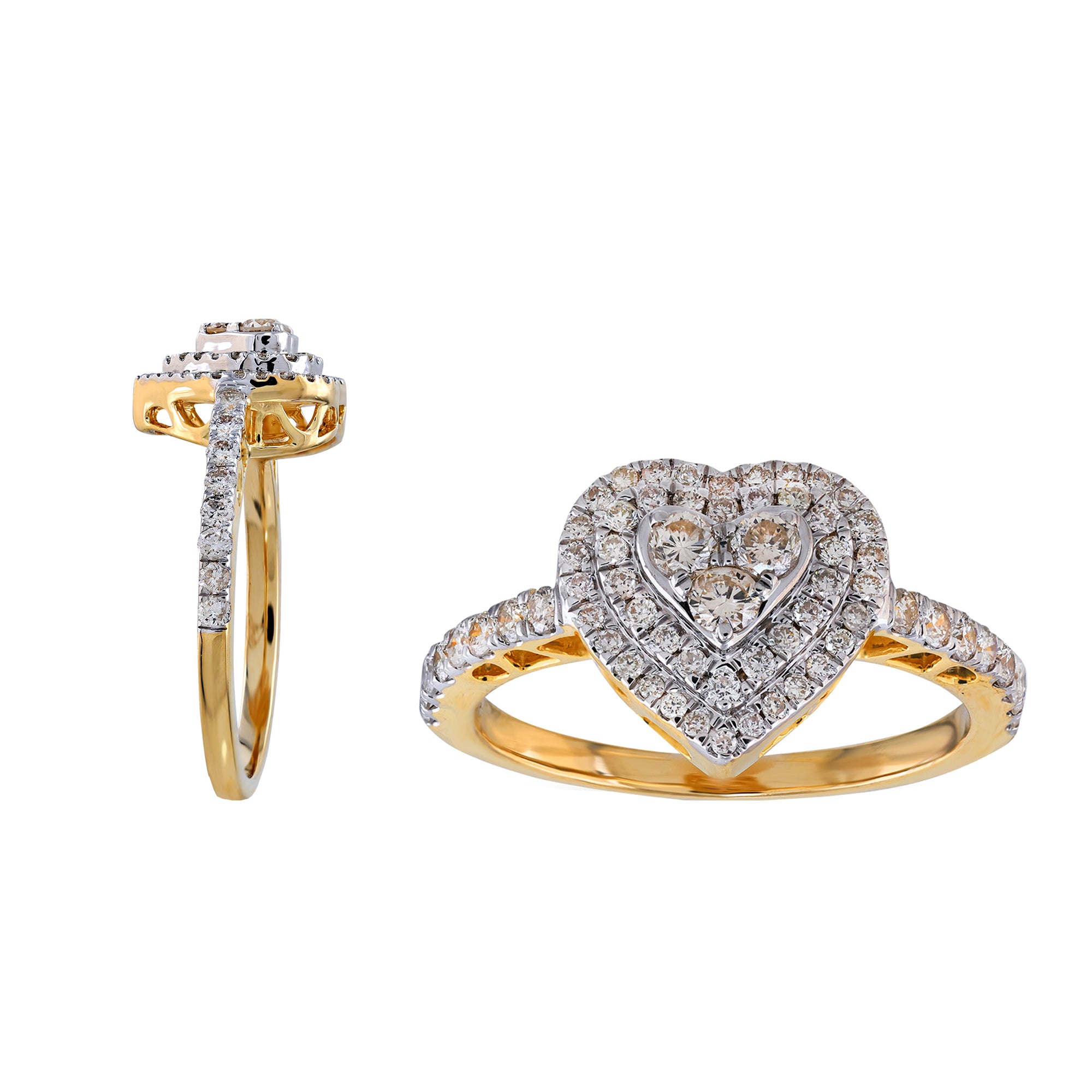 Yellow Gold Round Diamond Cluster Heart Ring