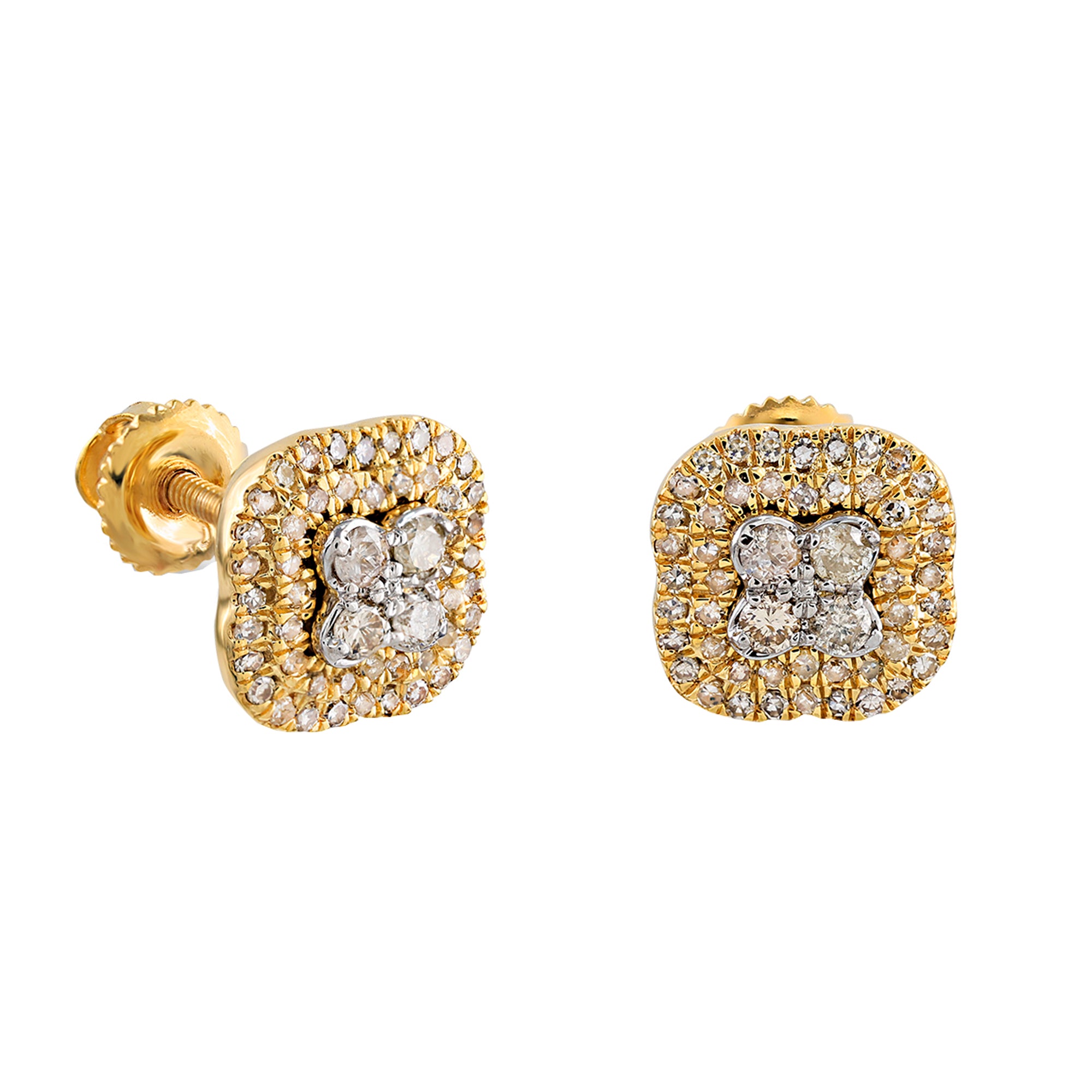 0.34Ct Round Diamond Yellow Gold Square Stud Earrings