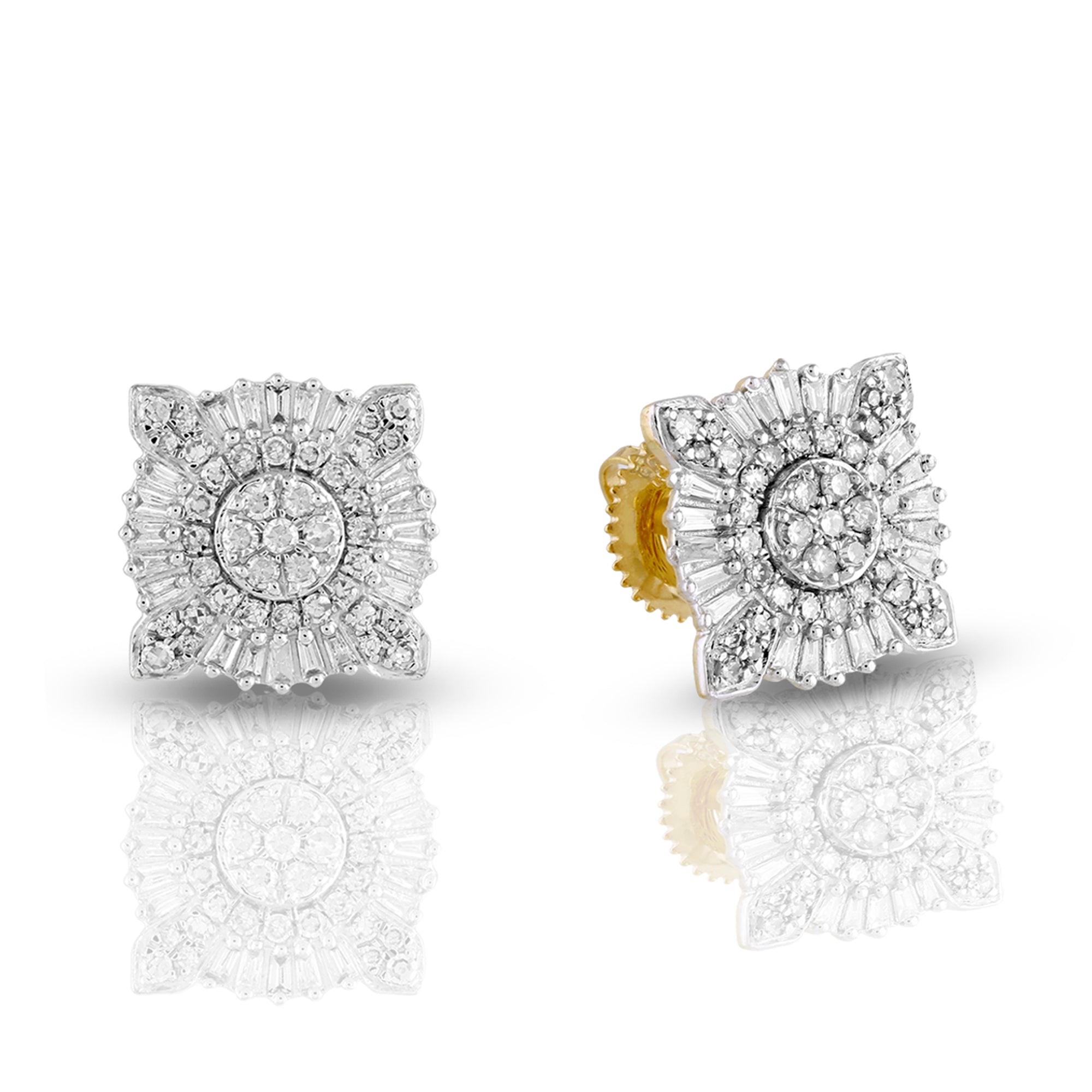 0.53 Ct Round and Baguette Diamond Yellow Gold Stud Earrings