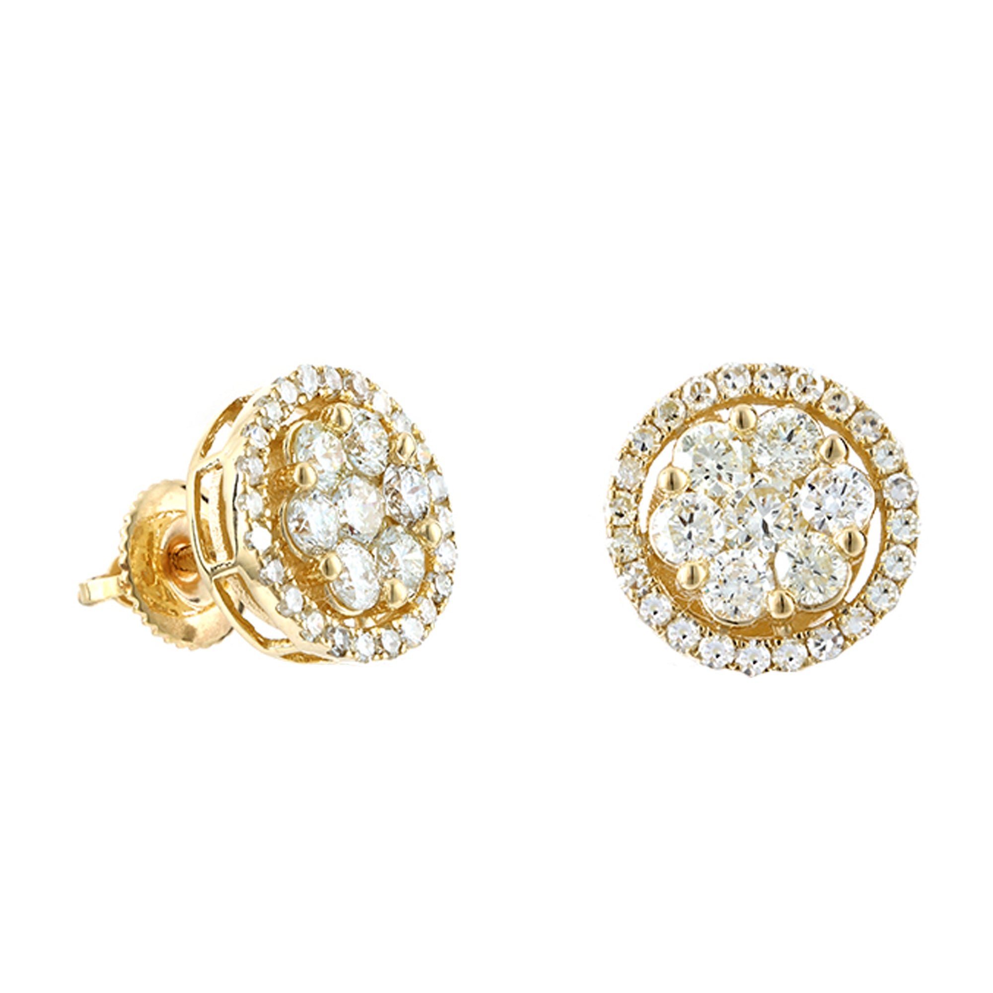 1.42Ct Round Diamond Yellow Gold Flower Stud Earrings