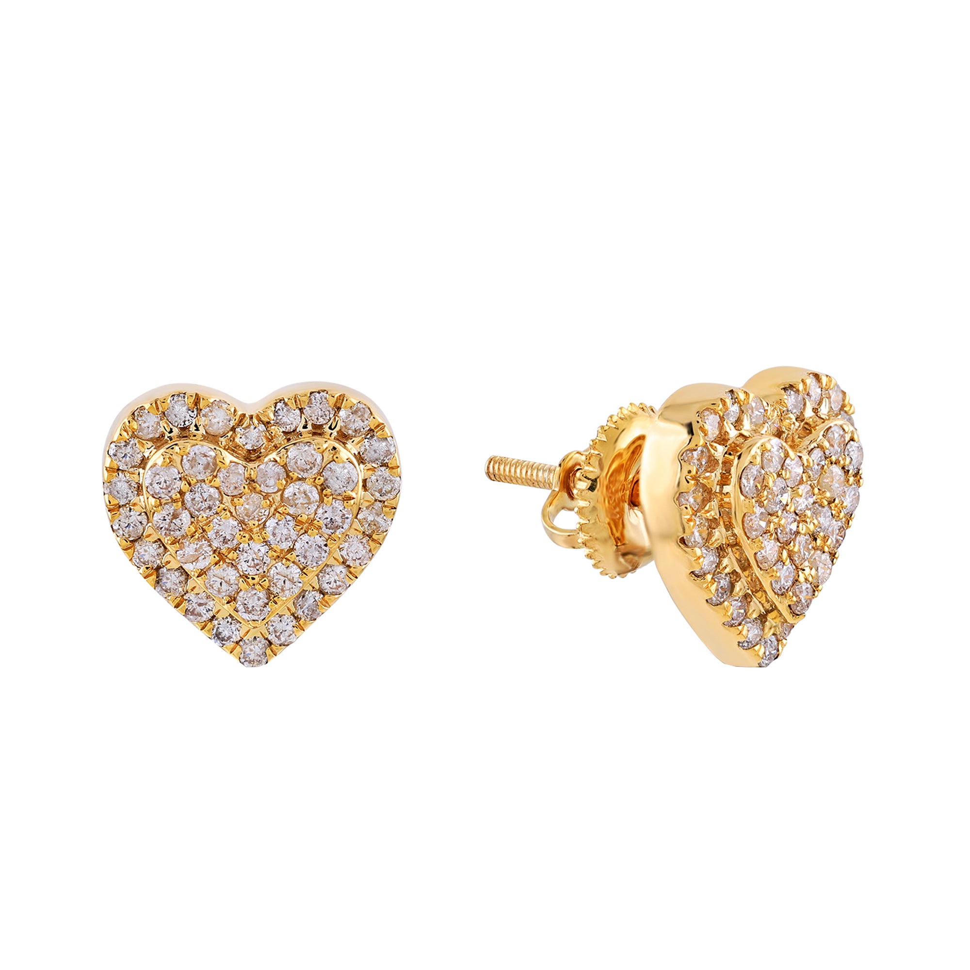 Yellow Gold Diamond Cluster Double Heart Stud Earrings