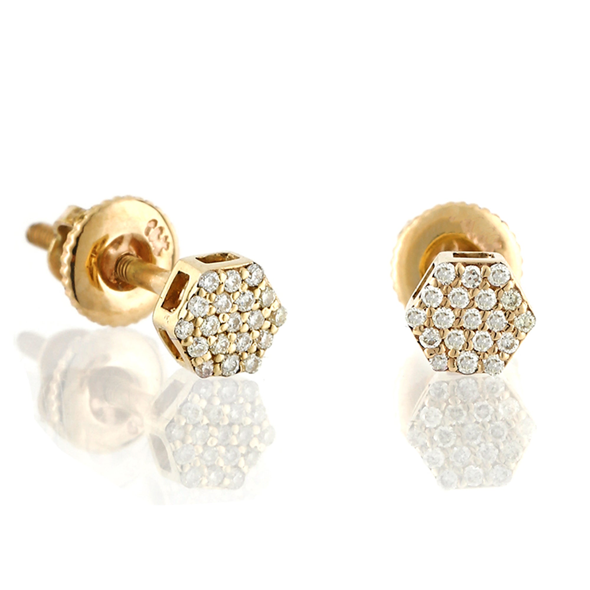 0.08 Round Diamond Yellow Gold Hexagon Stud Earrings