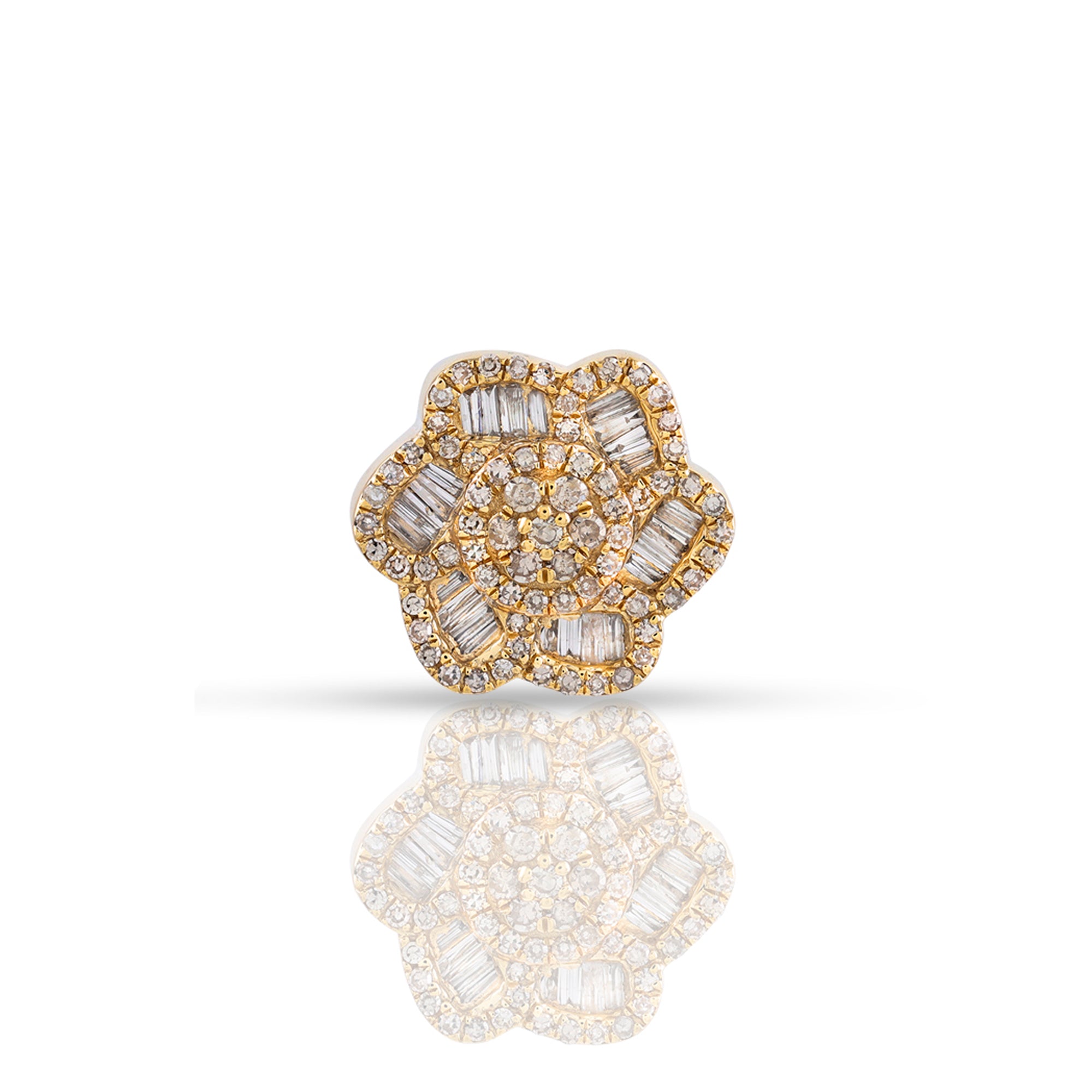 0.74Ct Baguette and Round Diamond Gold Flower Stud Earring
