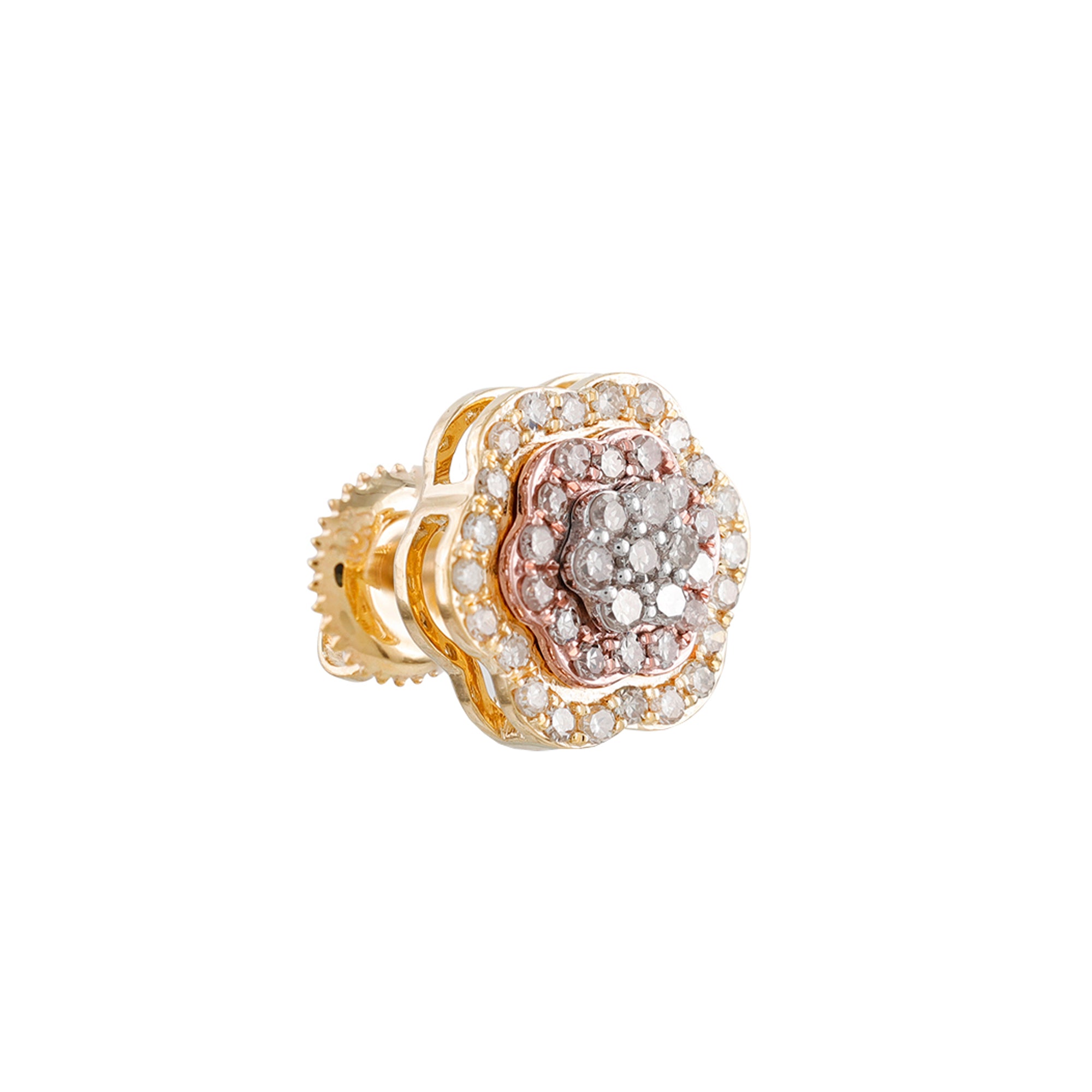 Three Tone Round Diamond Flower Stud Earrings