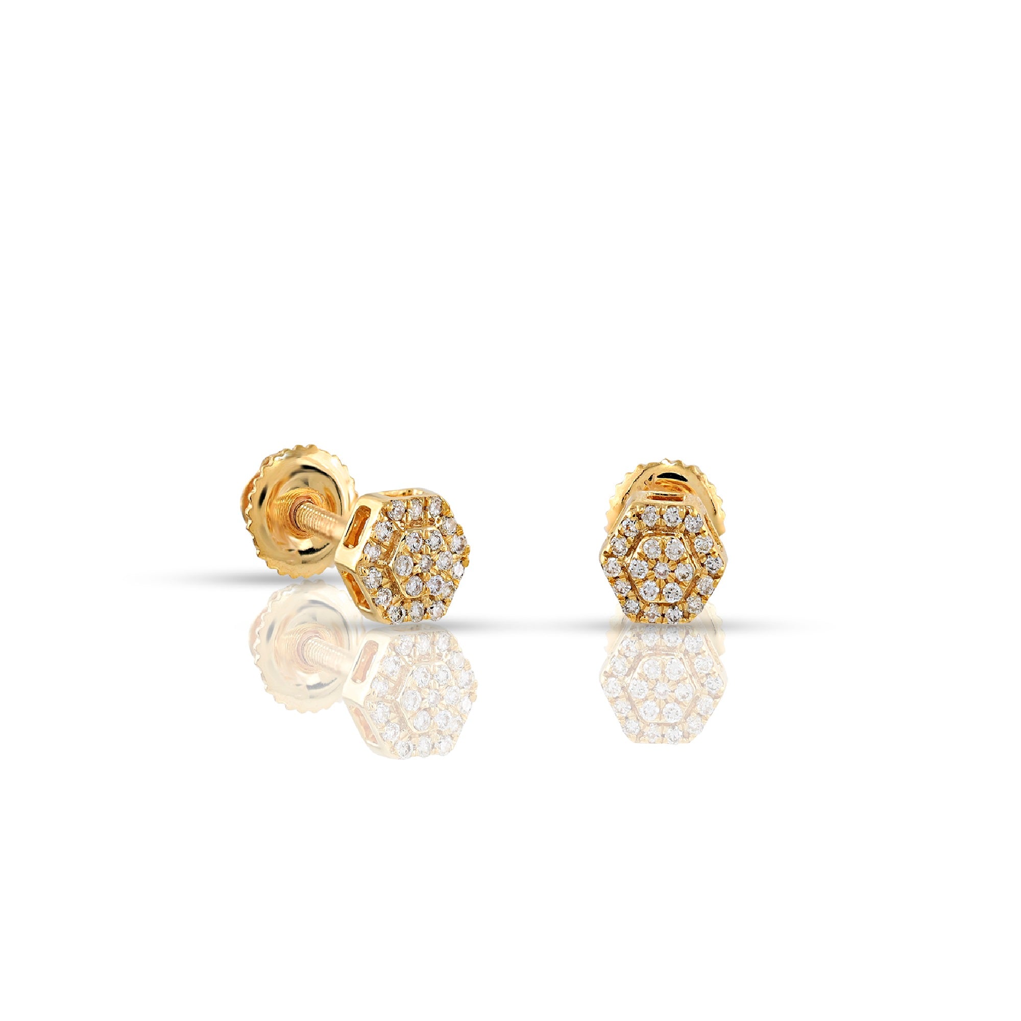 Yellow Gold Round Diamond Hexagon Stud Earrings