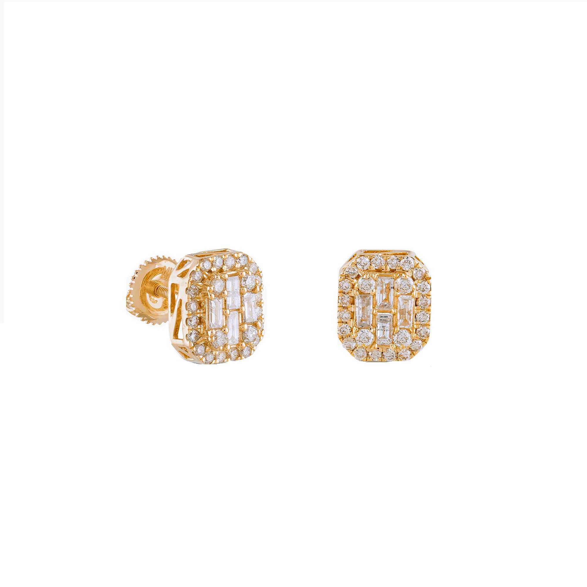 Yellow Gold Baguette and Round Diamond Octagon Stud Earrings