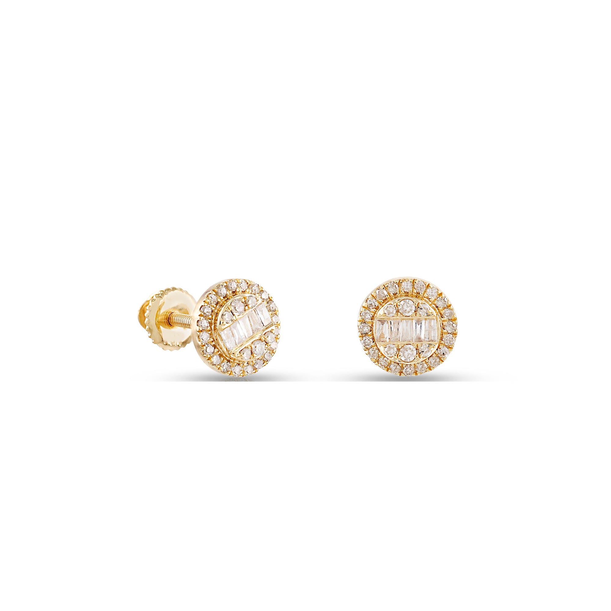 Yellow Gold Round and Baguette Diamond Round Stud Earrings