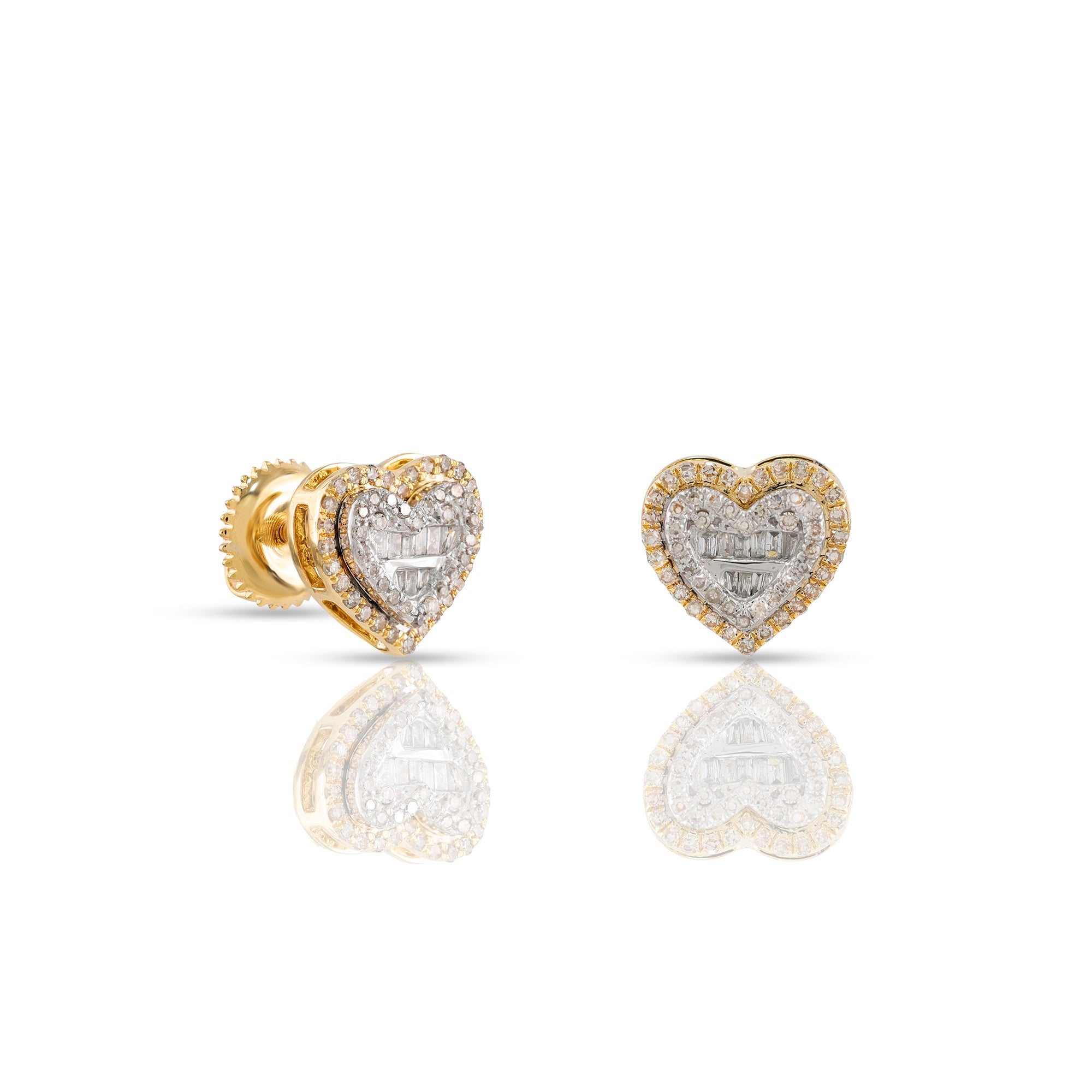 Yellow Gold Baguette and Round Diamond Heart Stud Earrings