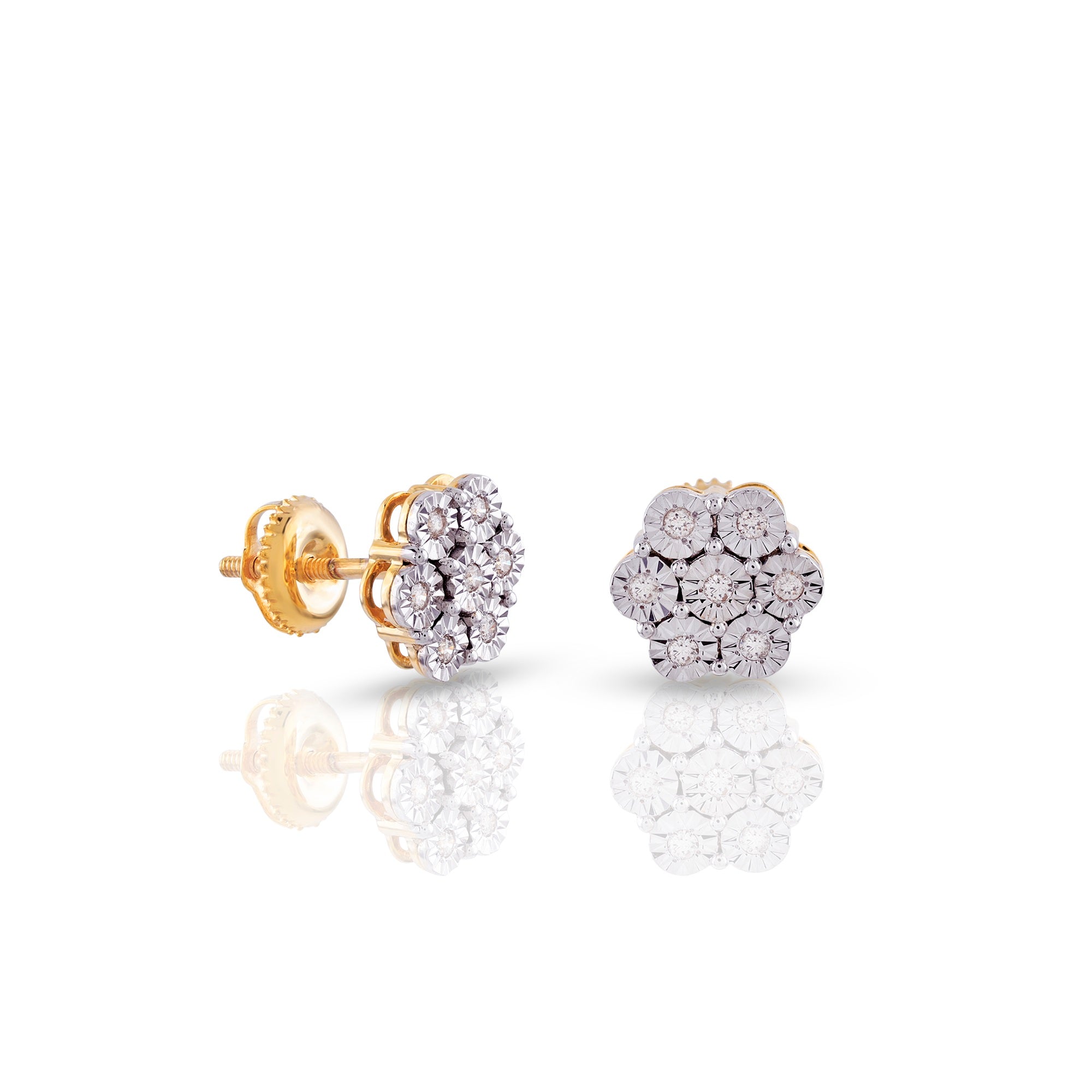 Yellow Gold Round Diamond Illusion Flower Stud Earrings