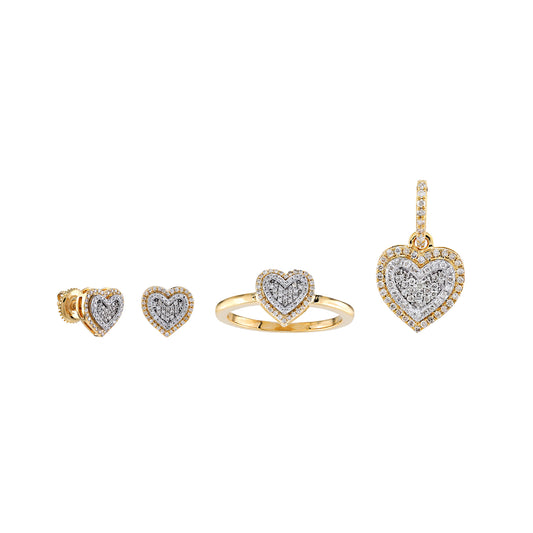 3 Piece Yellow Gold Diamond Jewelry Set: Heart Pendant Heart Ring Heart Stud Earrings