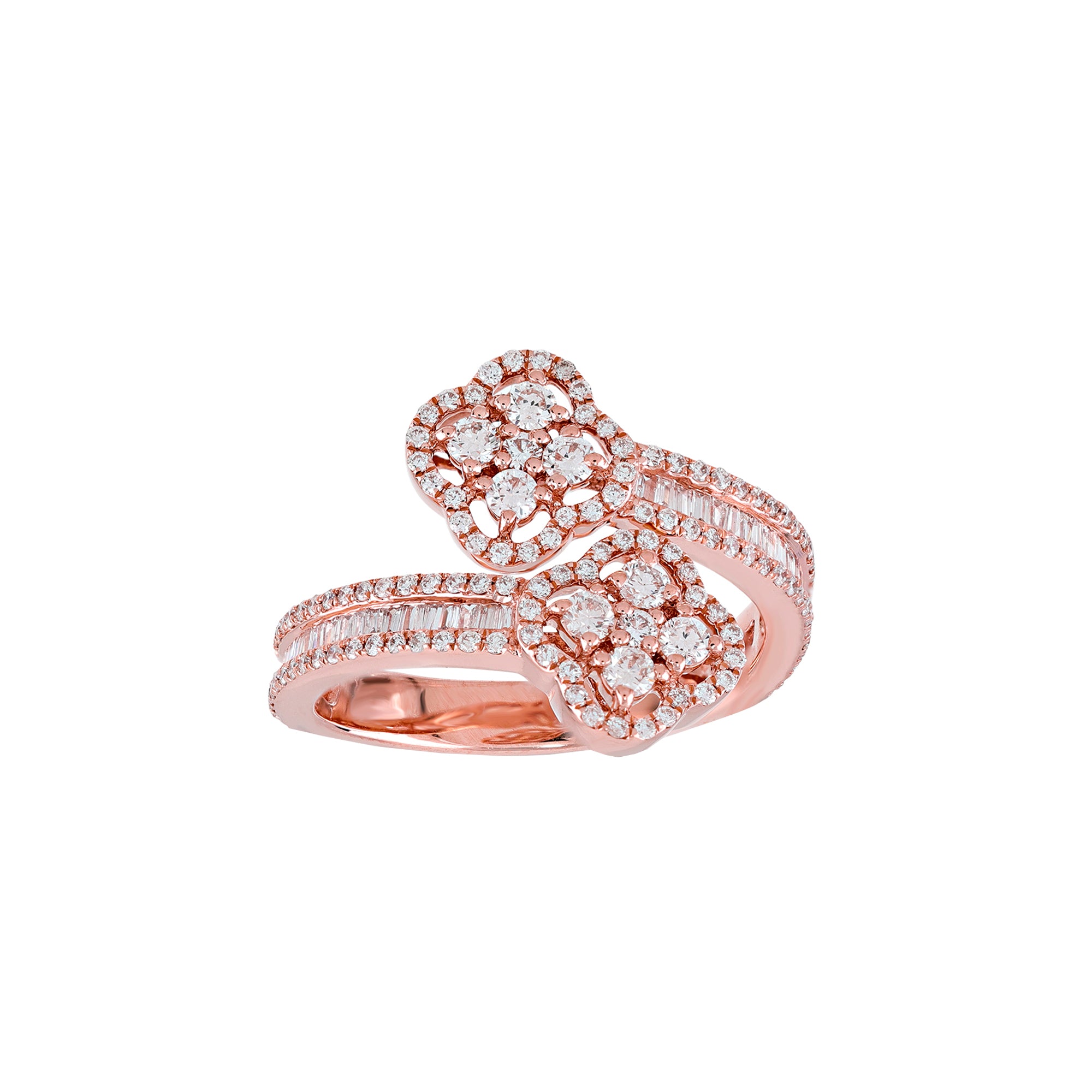 Rose Gold Round and Baguette Diamond Flower Cuff Ring
