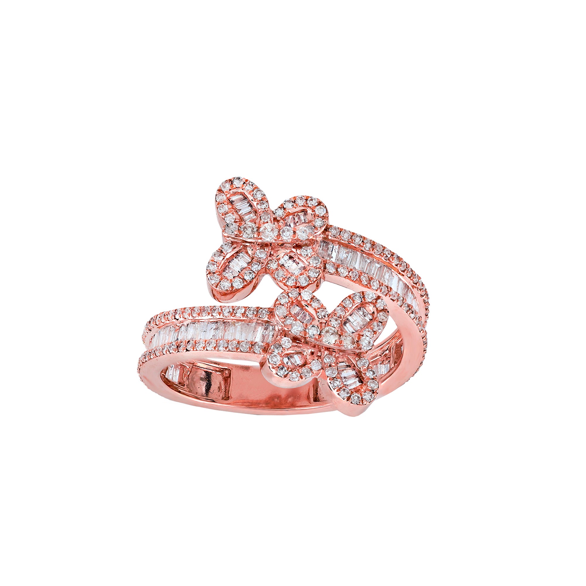 Rose Gold Round and Baguette Diamond Butterfly Ring