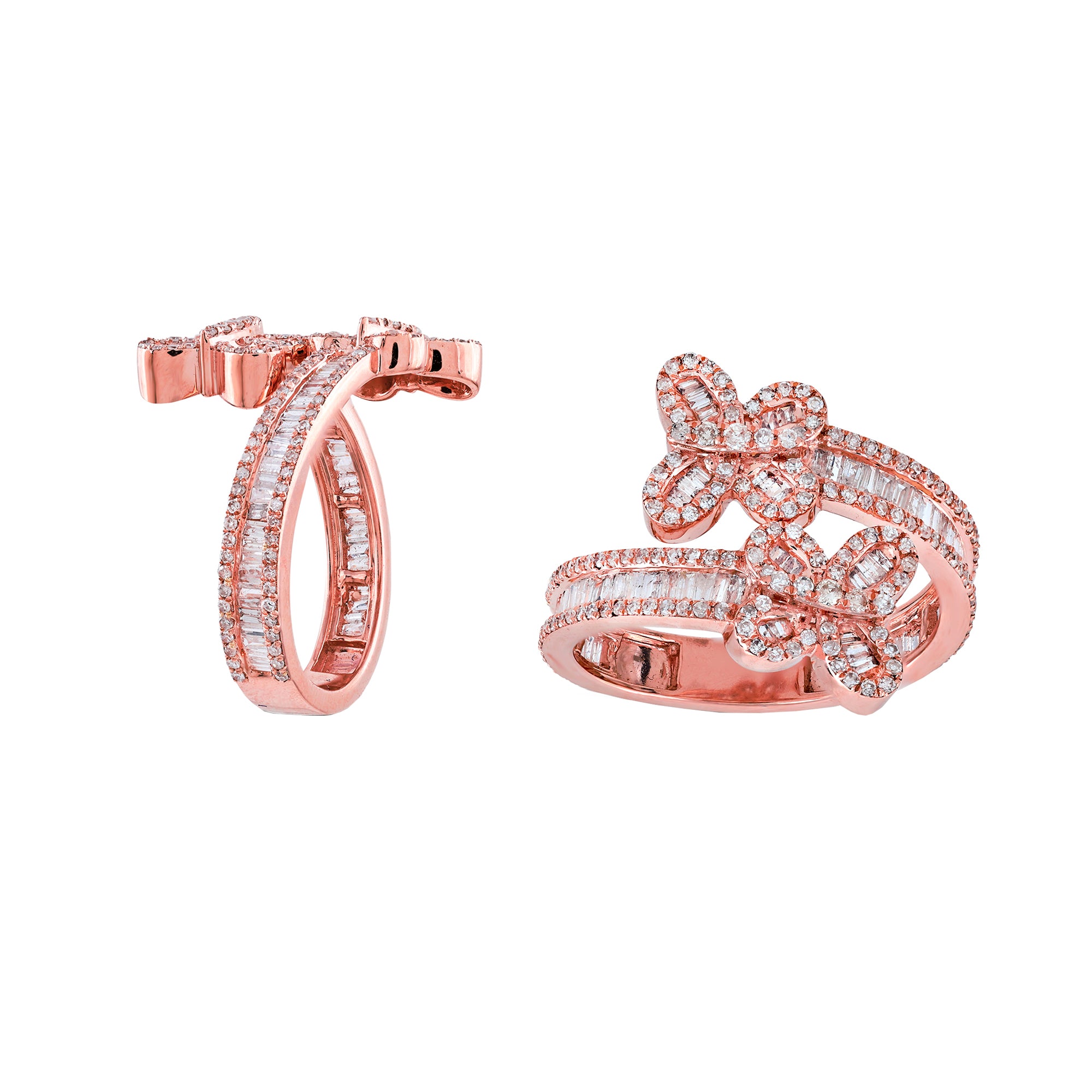 Rose Gold Round and Baguette Diamond Butterfly Ring