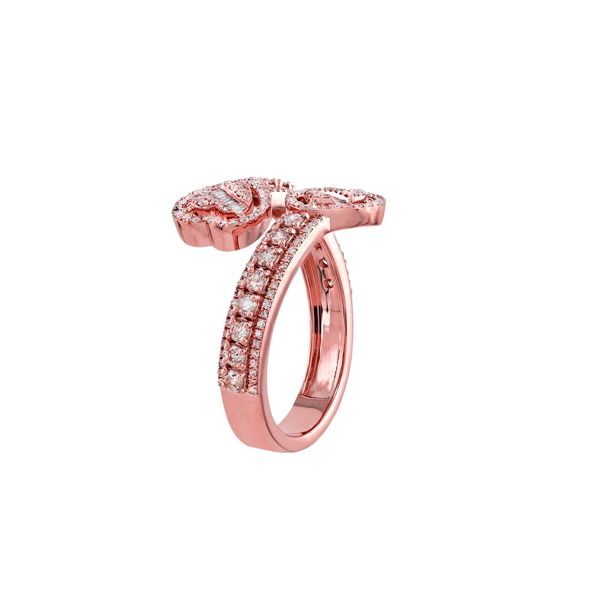 Rose Gold Baguette and Round Diamond Heart Cuff Ring
