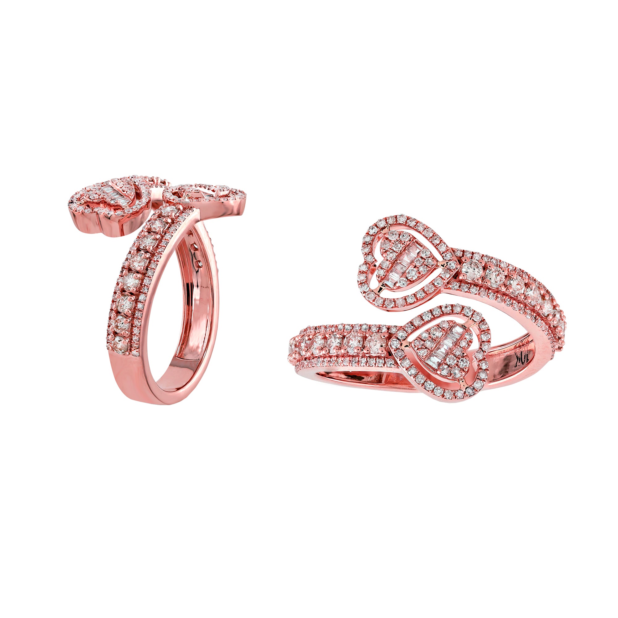 Rose Gold Baguette and Round Diamond Heart Cuff Ring