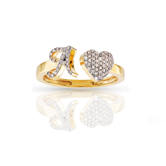 14K Yellow Gold Round Diamond Heart Initial Rings