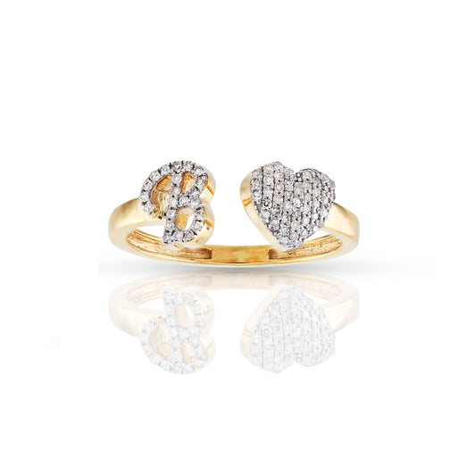 14K Yellow Gold Round Diamond Heart Initial Rings