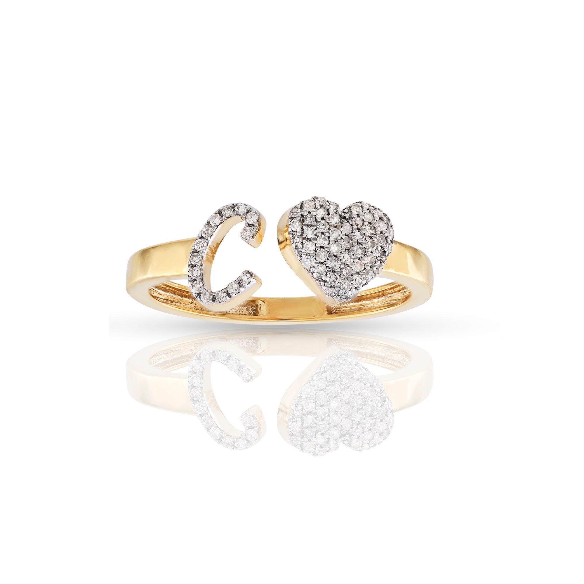 14K Yellow Gold Round Diamond Heart Initial Rings