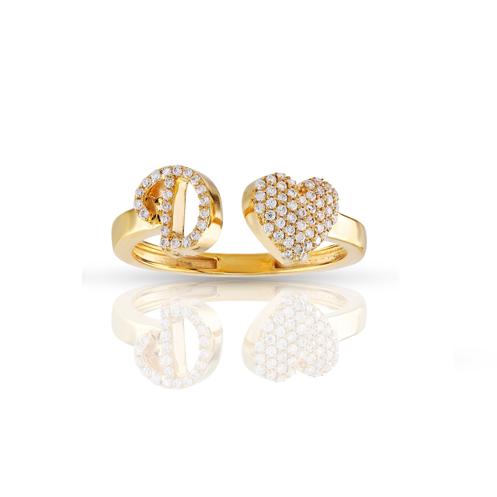 14K Yellow Gold Round Diamond Heart Initial Rings