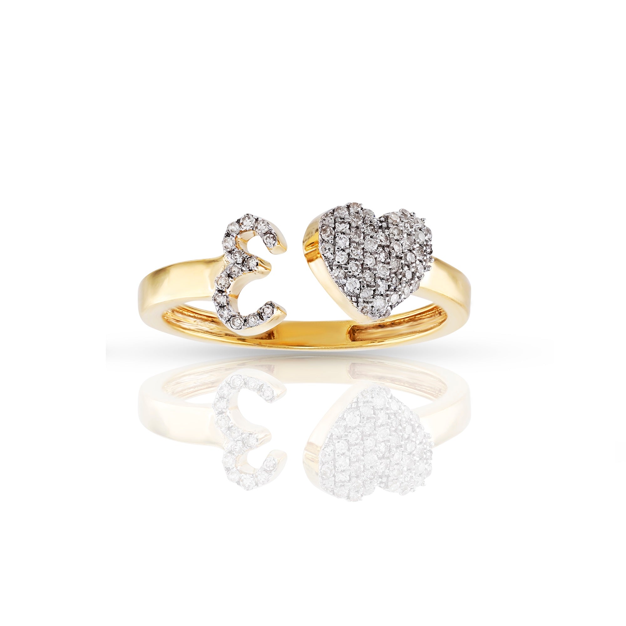 14K Yellow Gold Round Diamond Heart Initial Rings