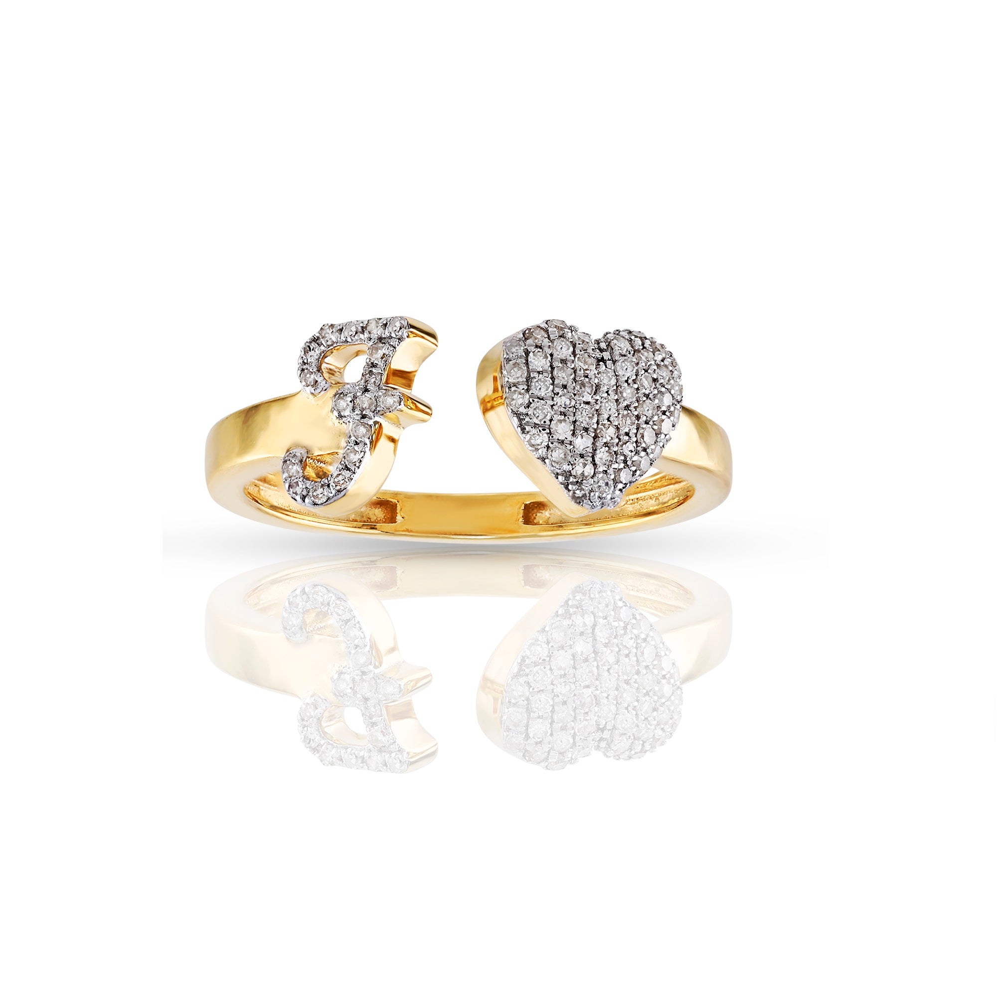 14K Yellow Gold Round Diamond Heart Initial Rings