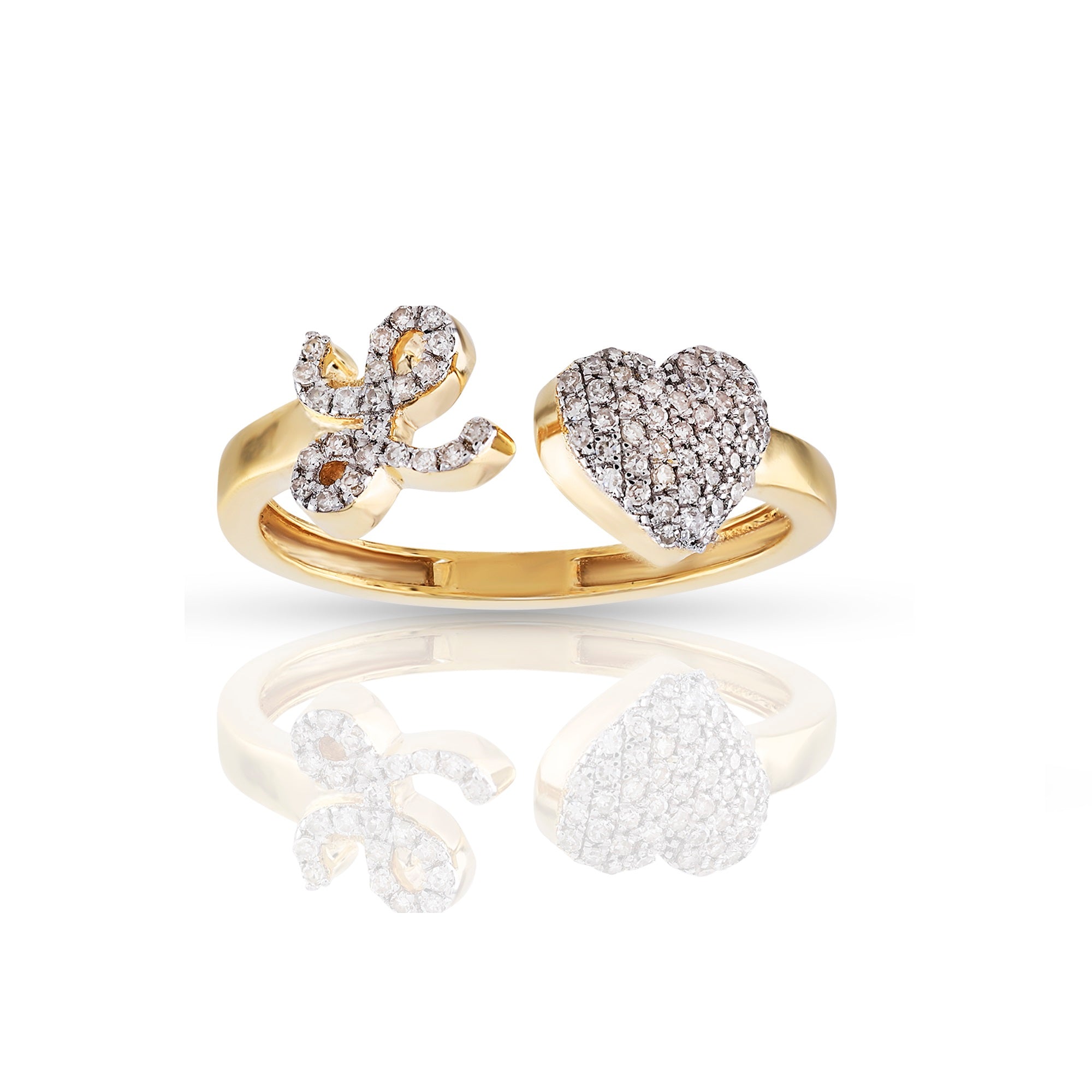 14K Yellow Gold Round Diamond Heart Initial Rings