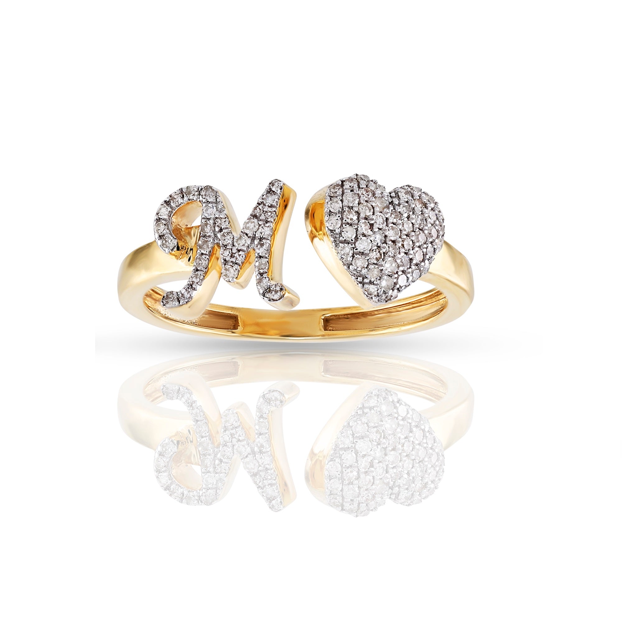 14K Yellow Gold Round Diamond Heart Initial Rings