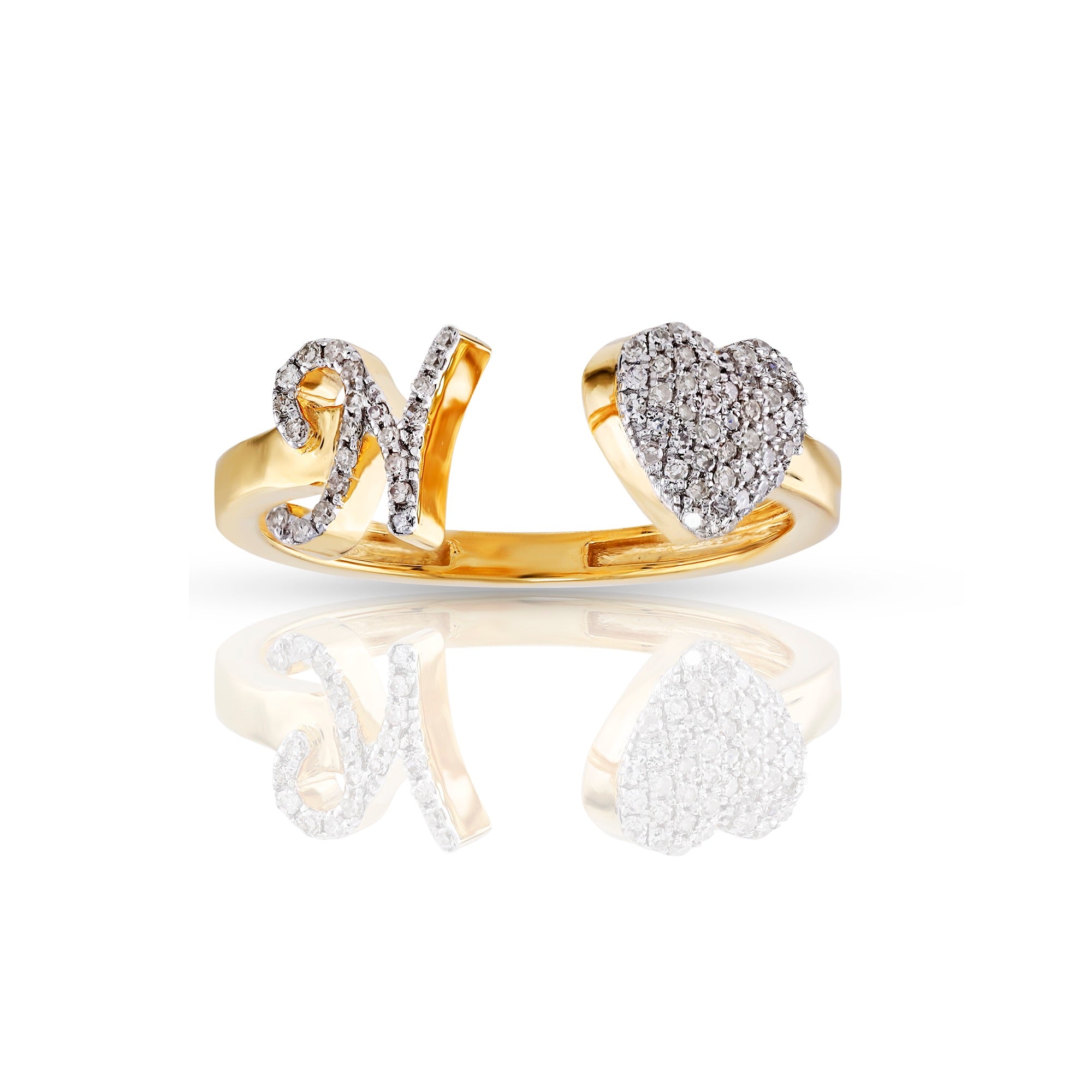 14K Yellow Gold Round Diamond Heart Initial Rings