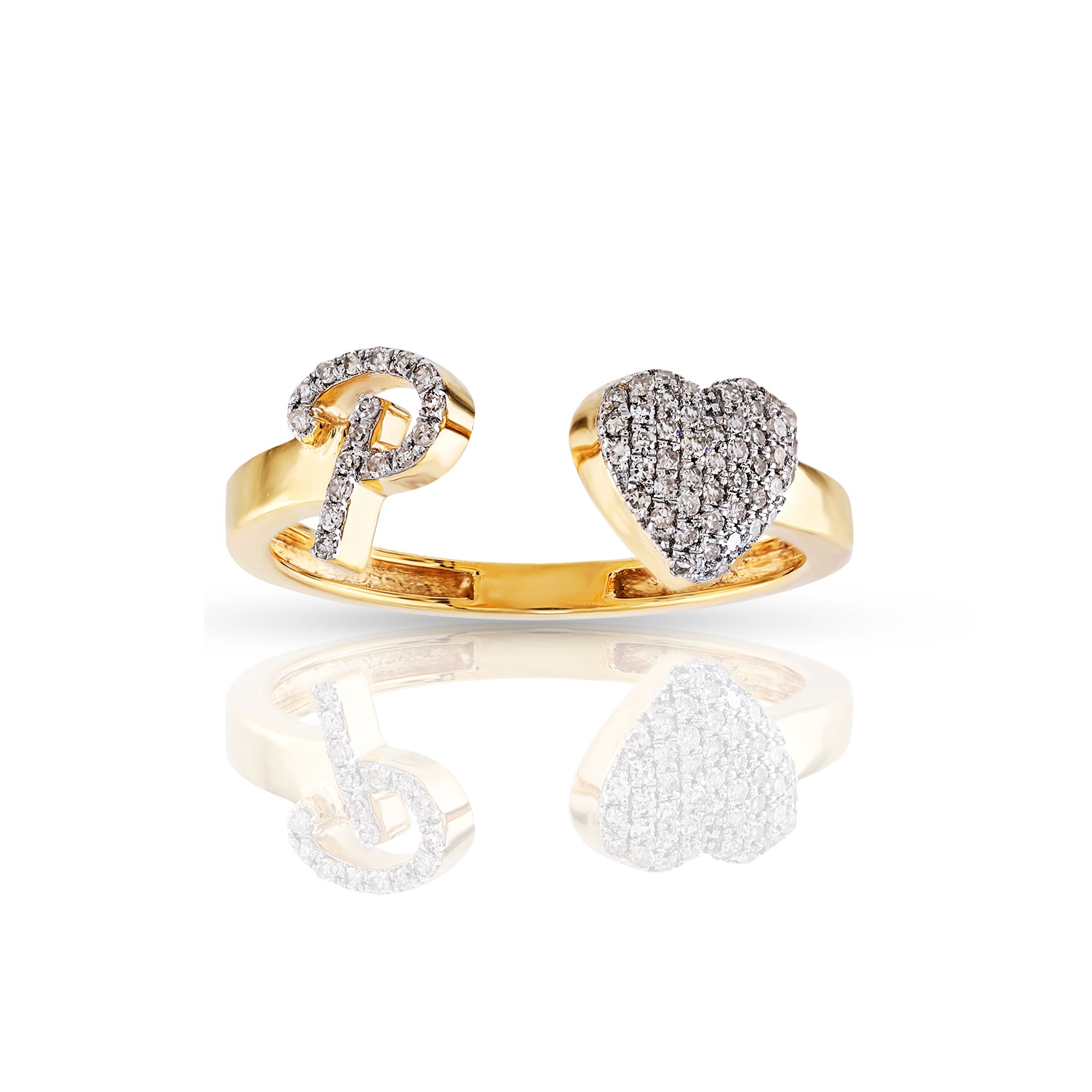 14K Yellow Gold Round Diamond Heart Initial Rings