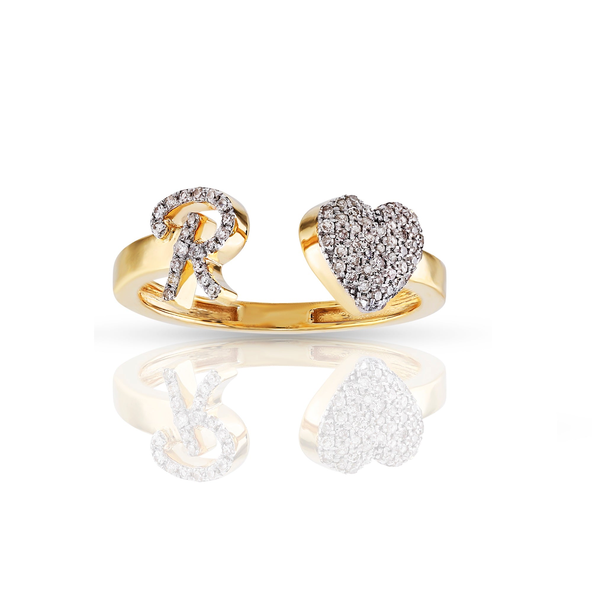 14K Yellow Gold Round Diamond Heart Initial Rings