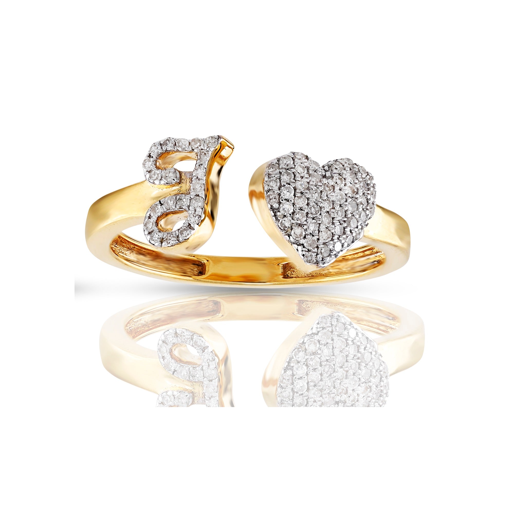 14K Yellow Gold Round Diamond Heart Initial Rings
