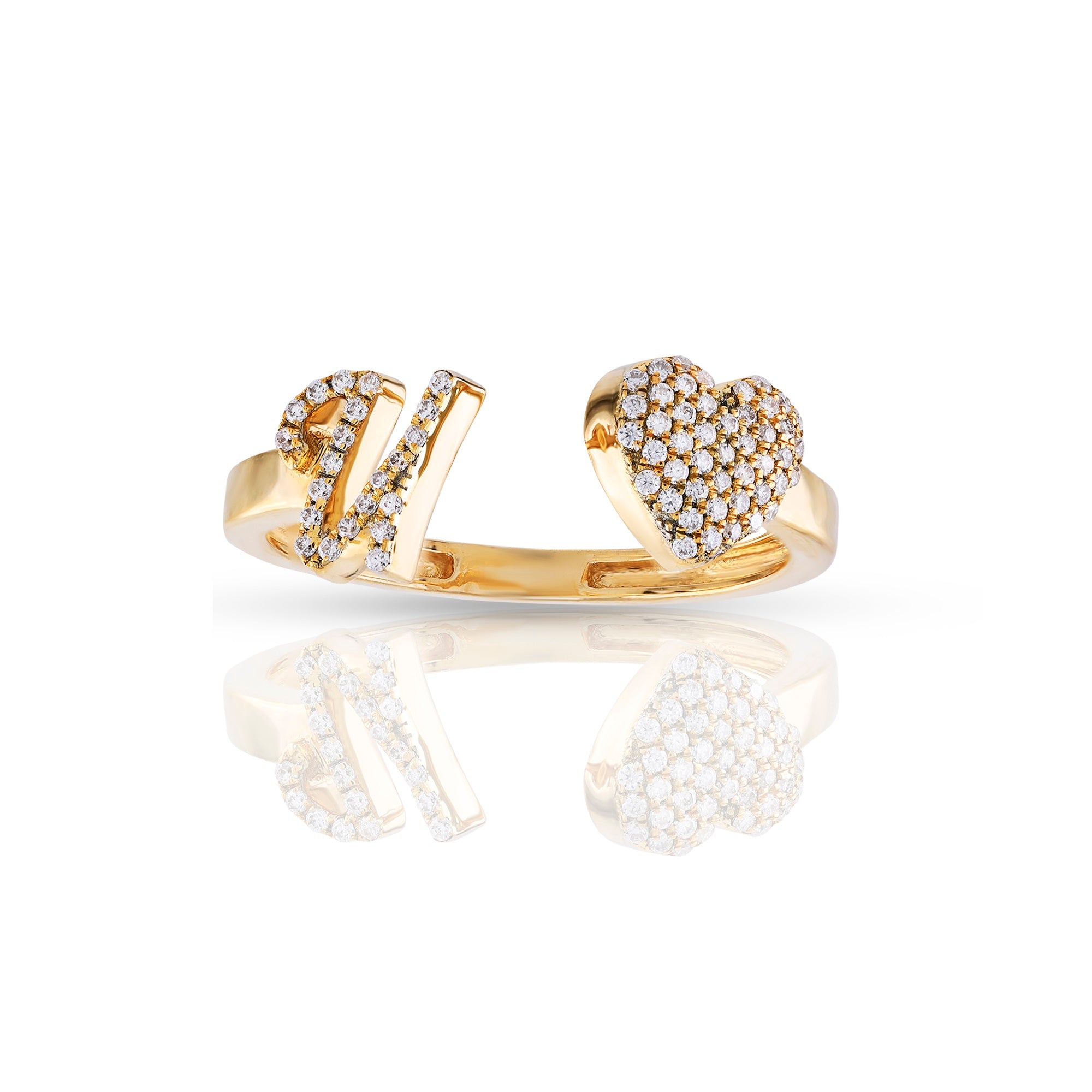 14K Yellow Gold Round Diamond Heart Initial Rings