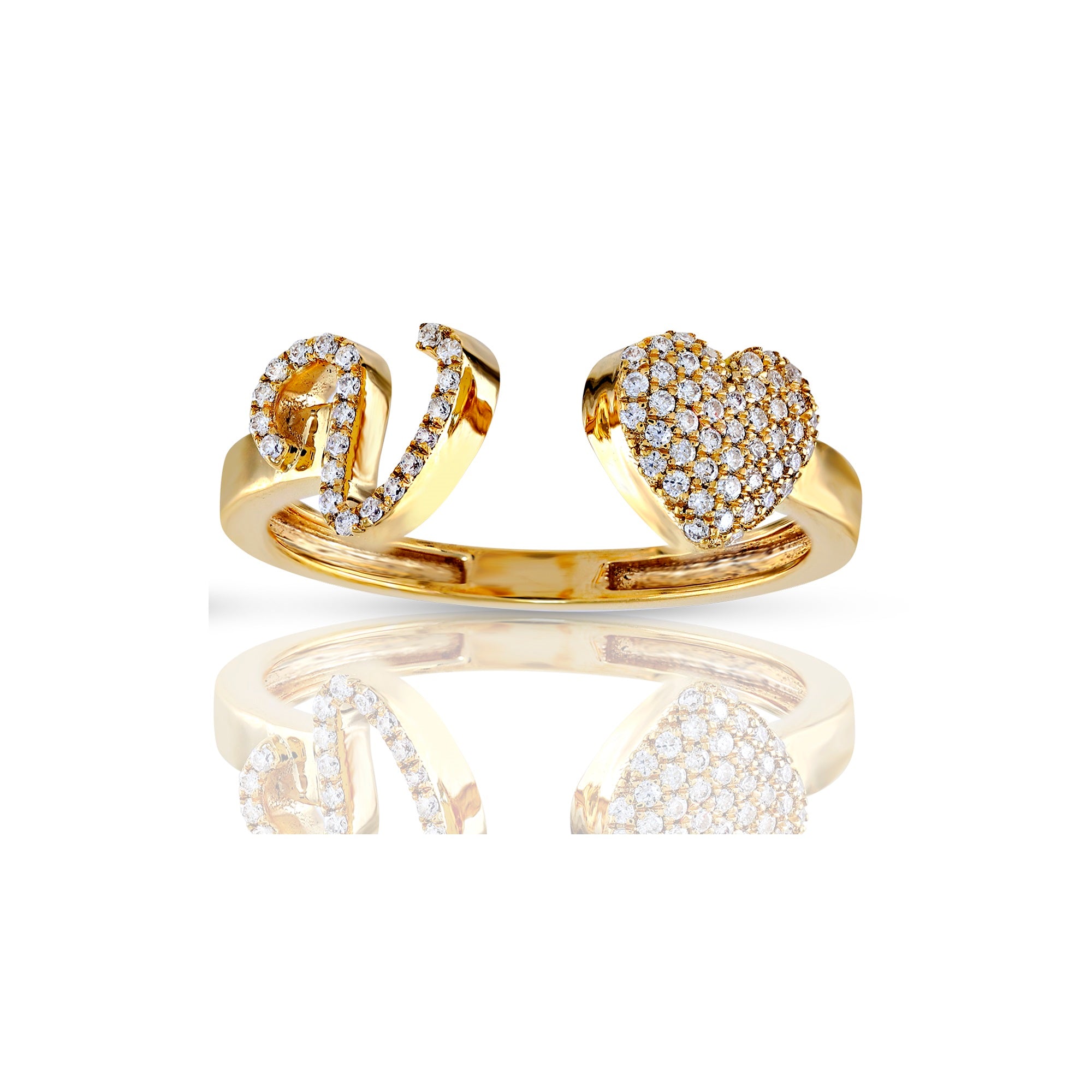 14K Yellow Gold Round Diamond Heart Initial Rings