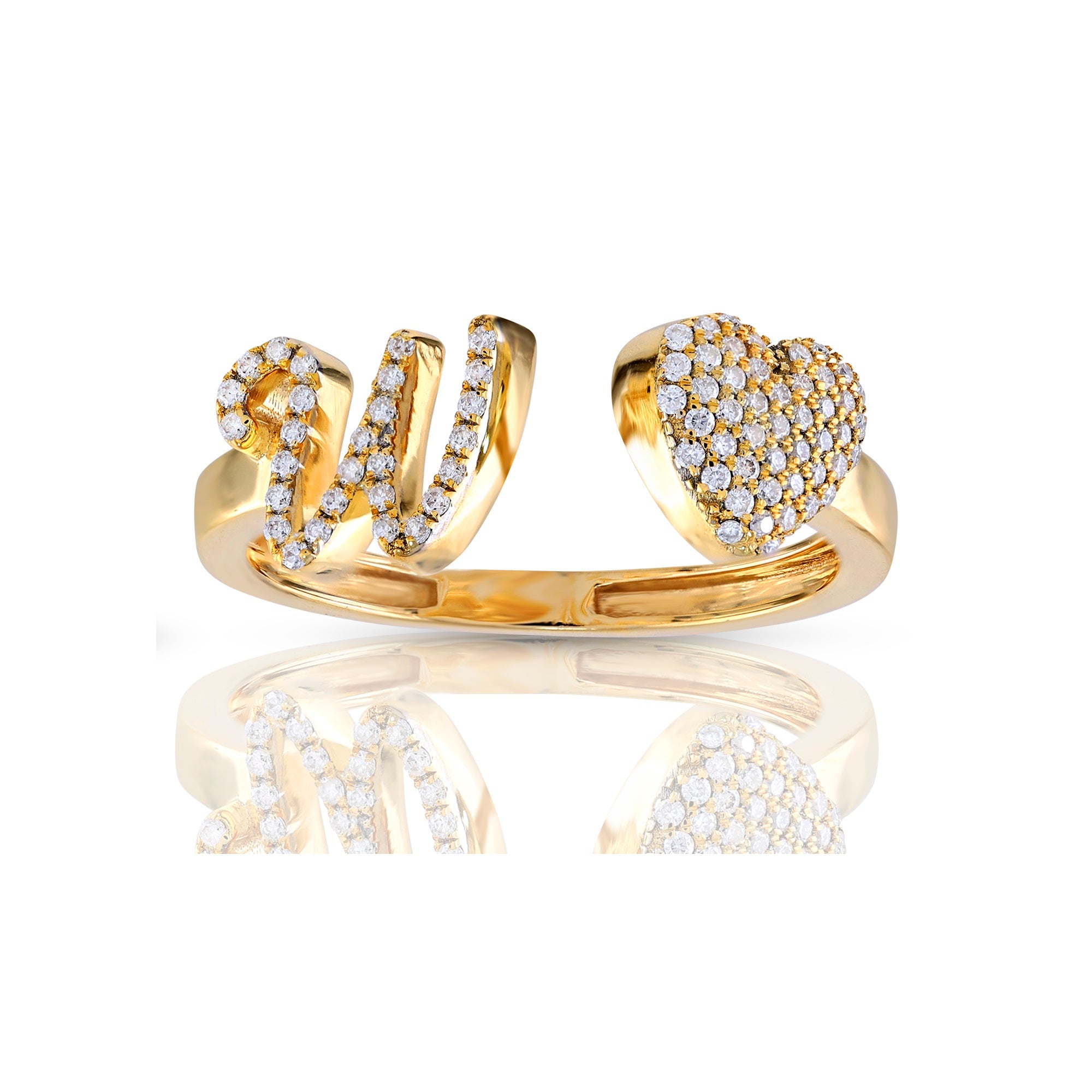 14K Yellow Gold Round Diamond Heart Initial Rings