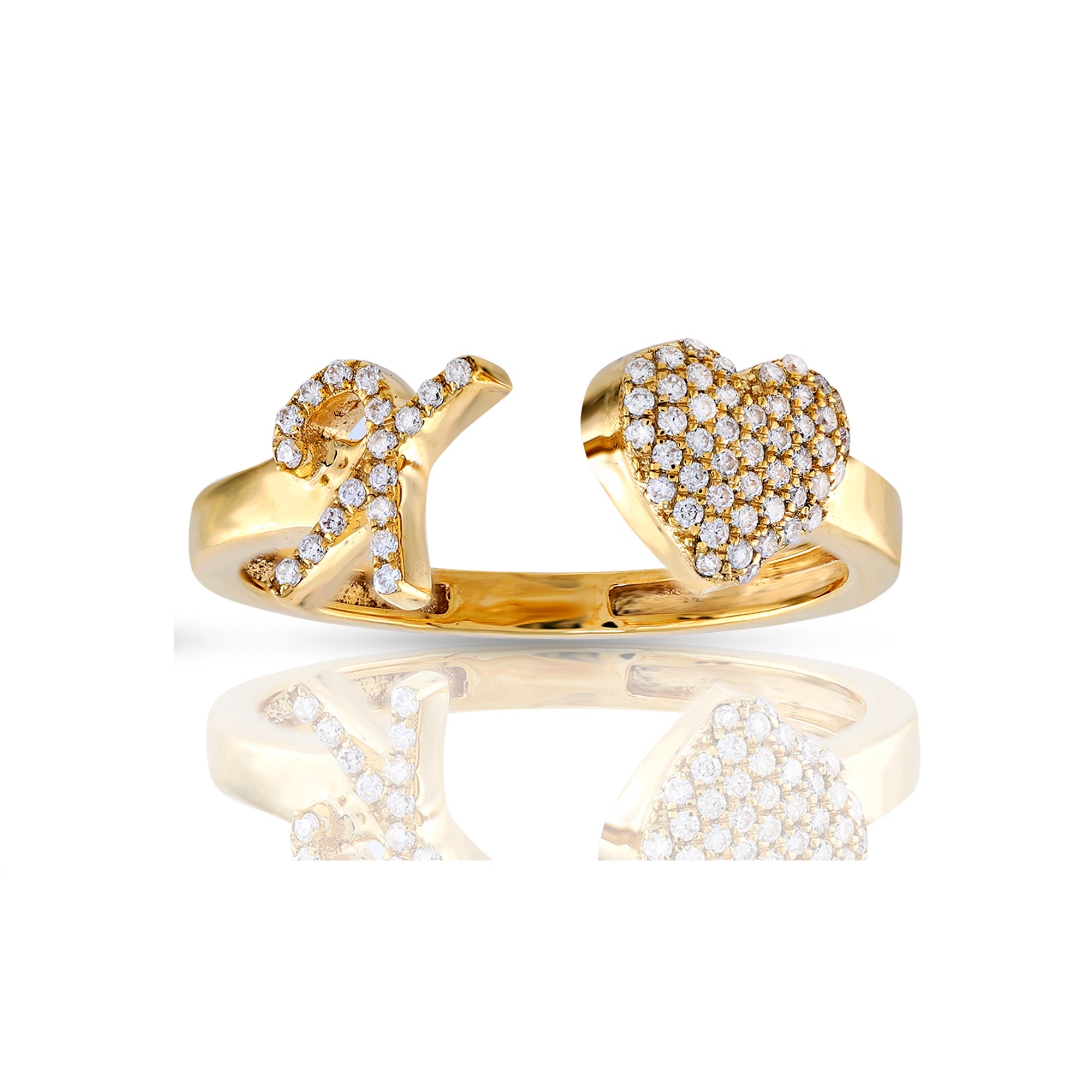 14K Yellow Gold Round Diamond Heart Initial Rings