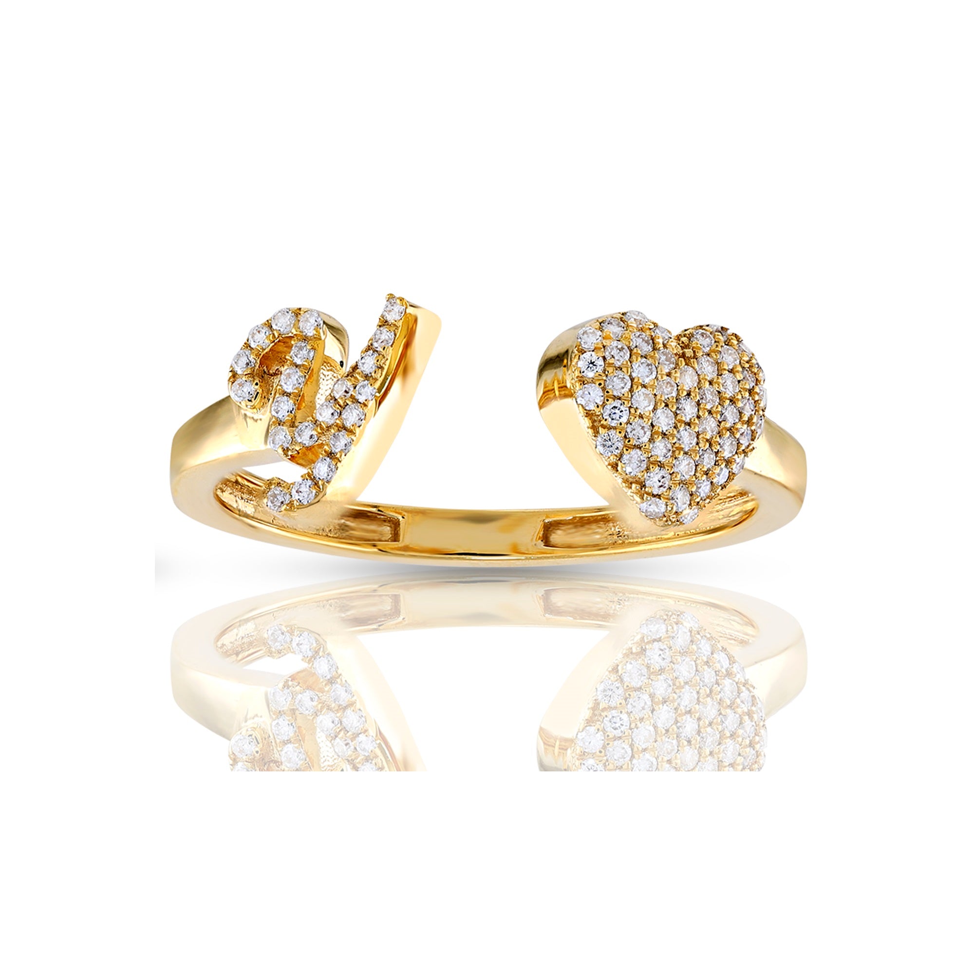 14K Yellow Gold Round Diamond Heart Initial Rings