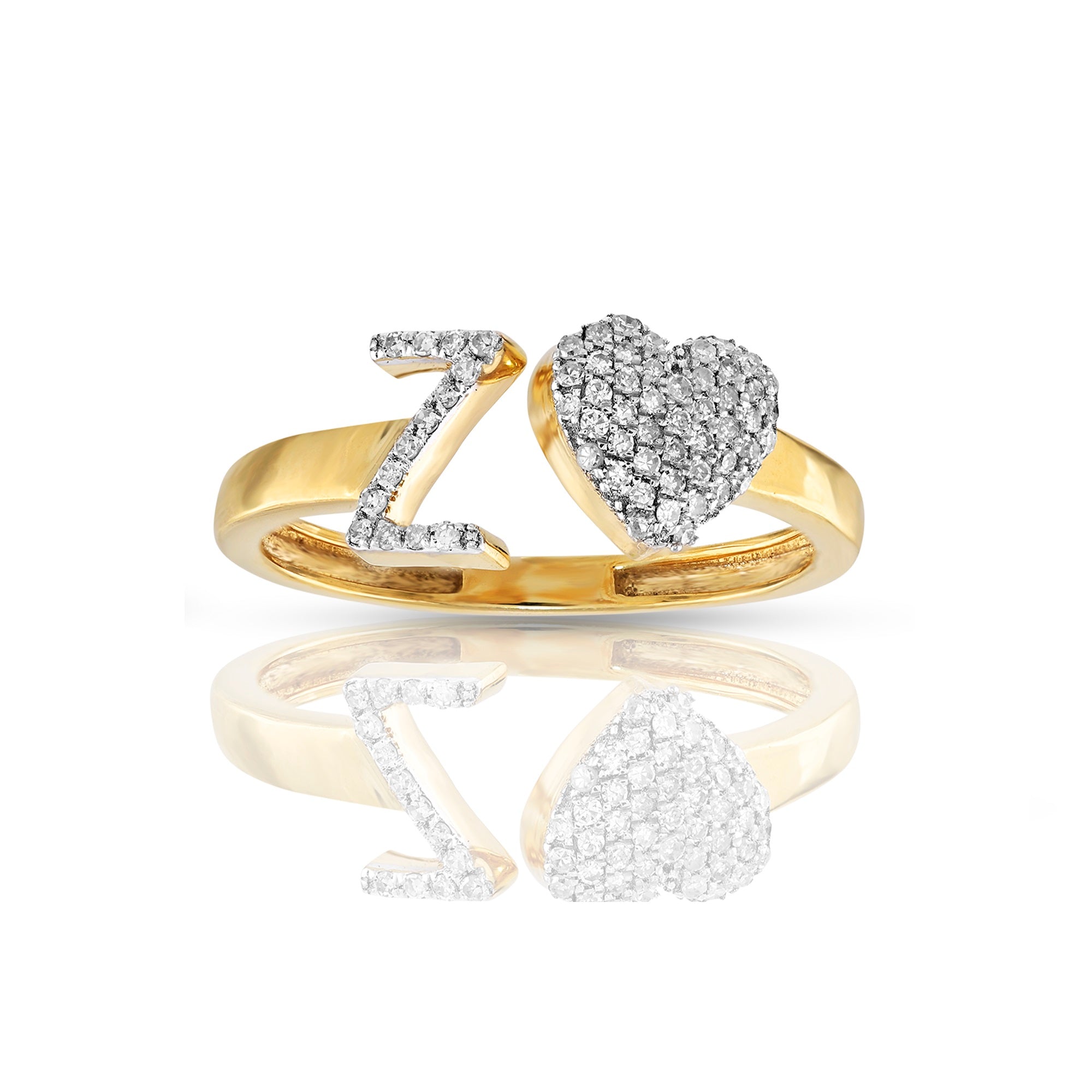 14K Yellow Gold Round Diamond Heart Initial Rings