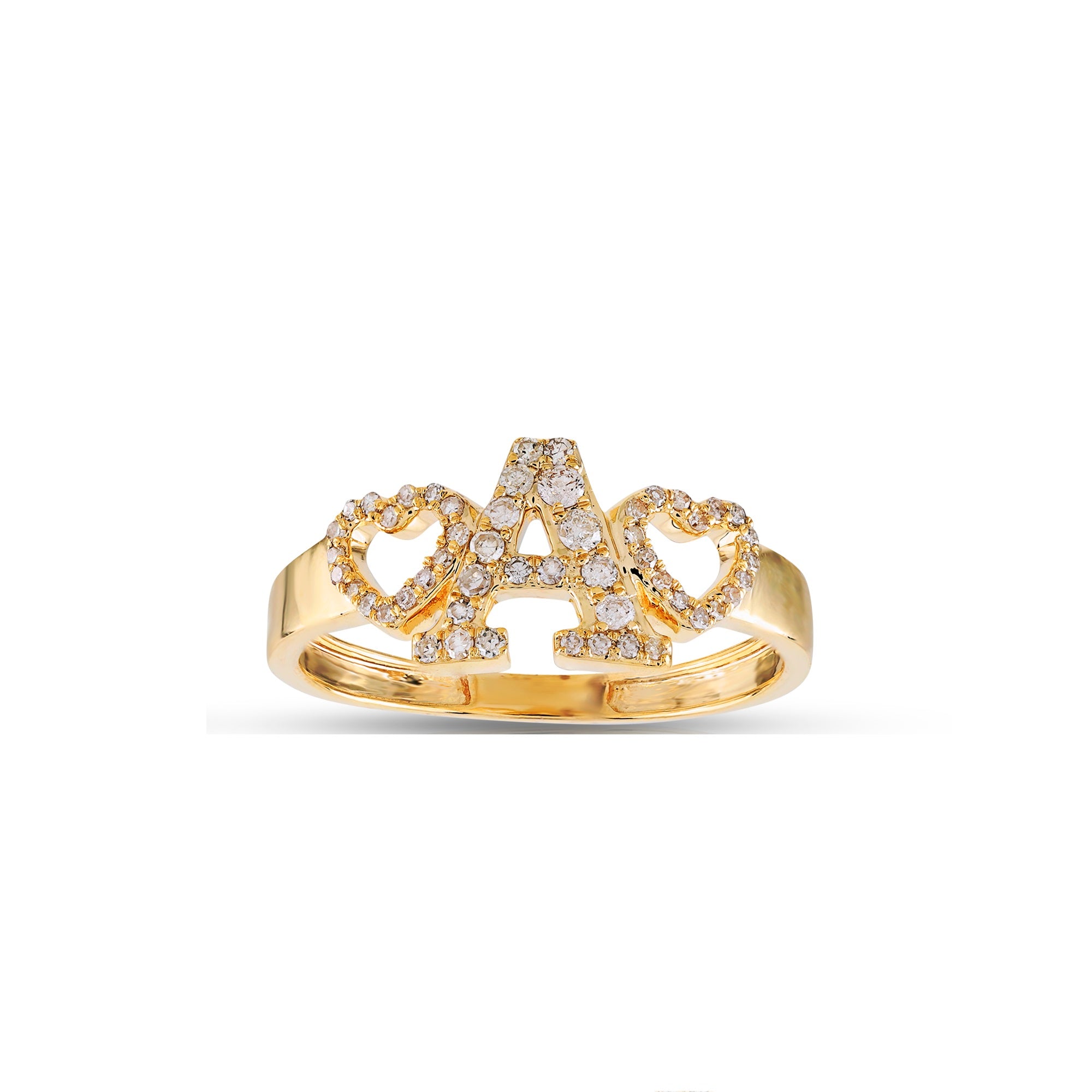 Yellow Gold Round Diamond Heart Initial Ring